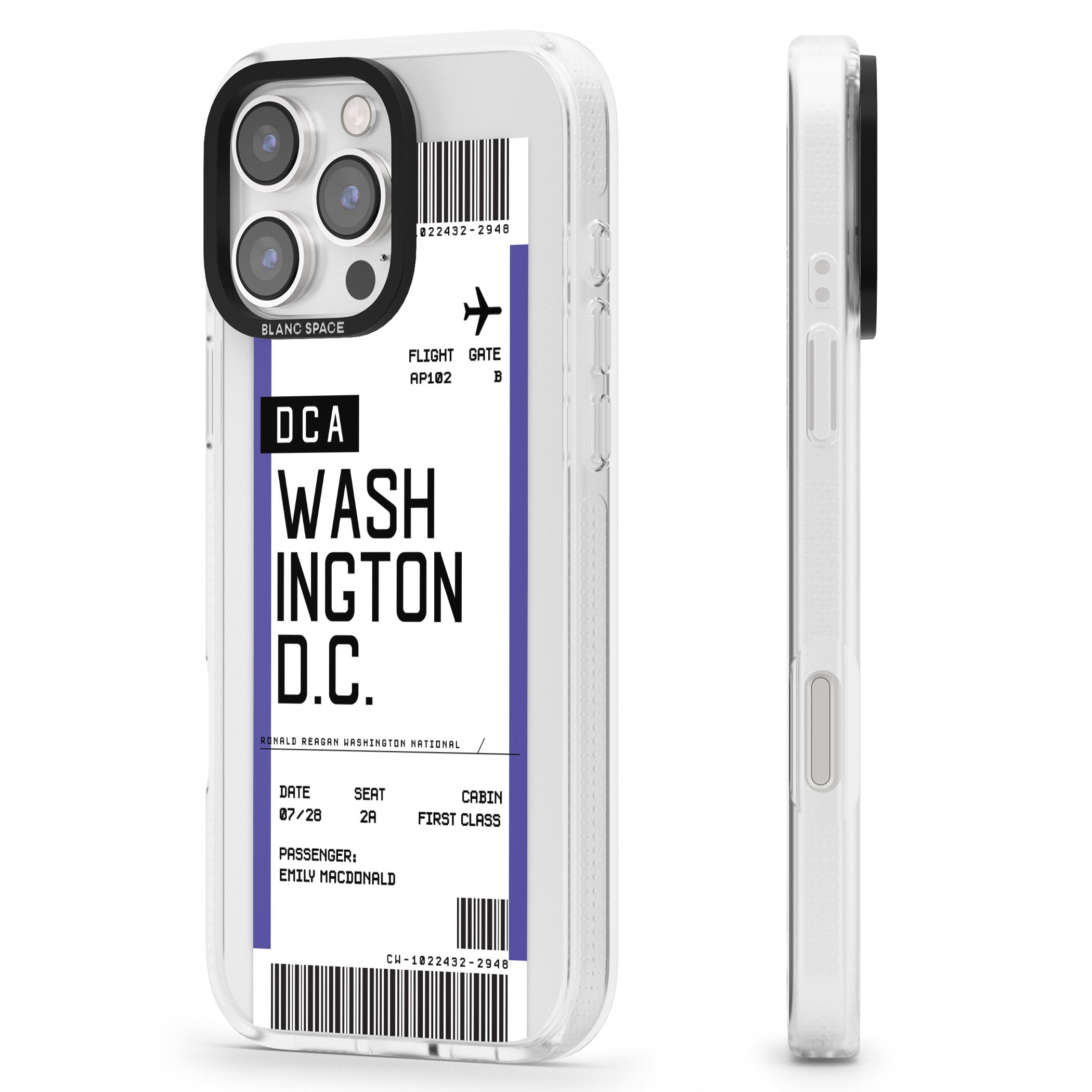 Personalised Washington D.C. Boarding Pass iPhone 16 Pro Max / 16 Pro Clear Case Impact Air - Blanc Space