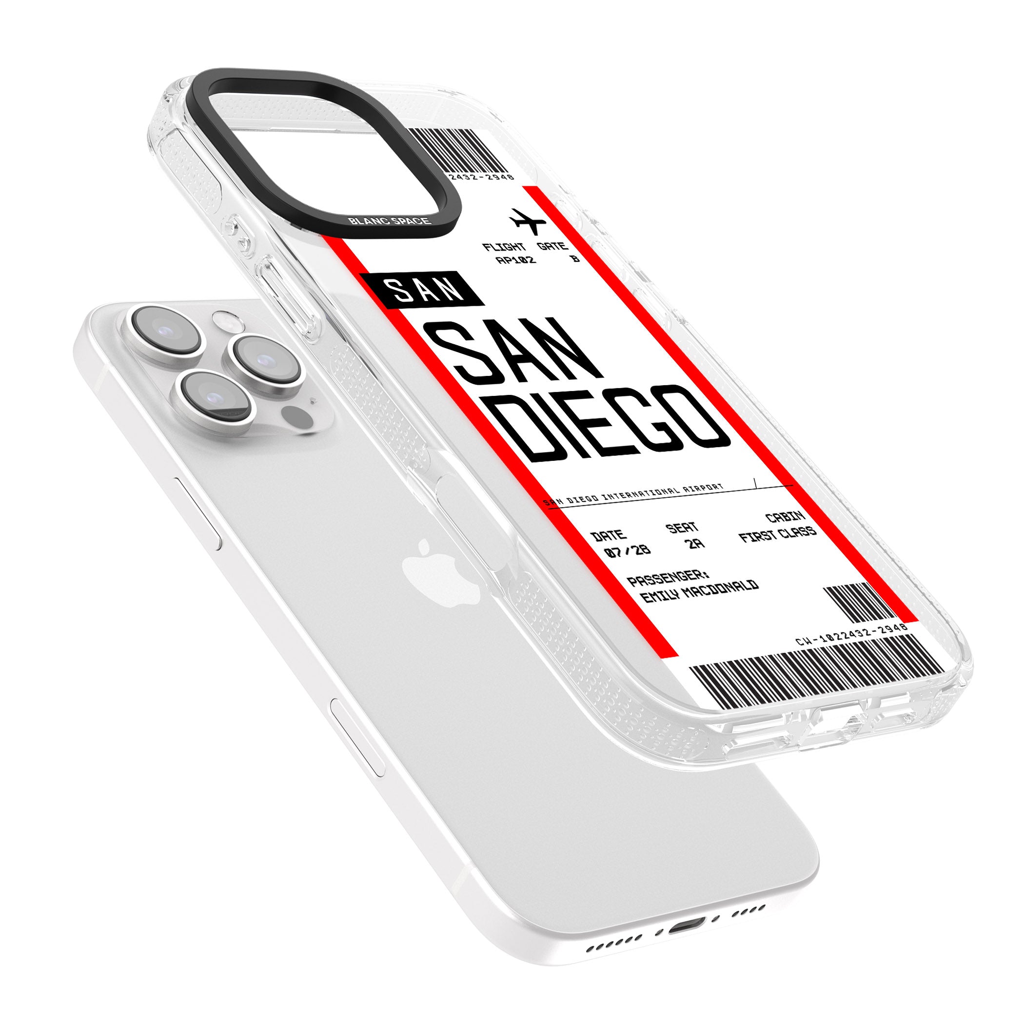 Personalised San Diego Boarding Pass iPhone 16 Pro Max / 16 Pro Clear Case Impact Air - Blanc Space