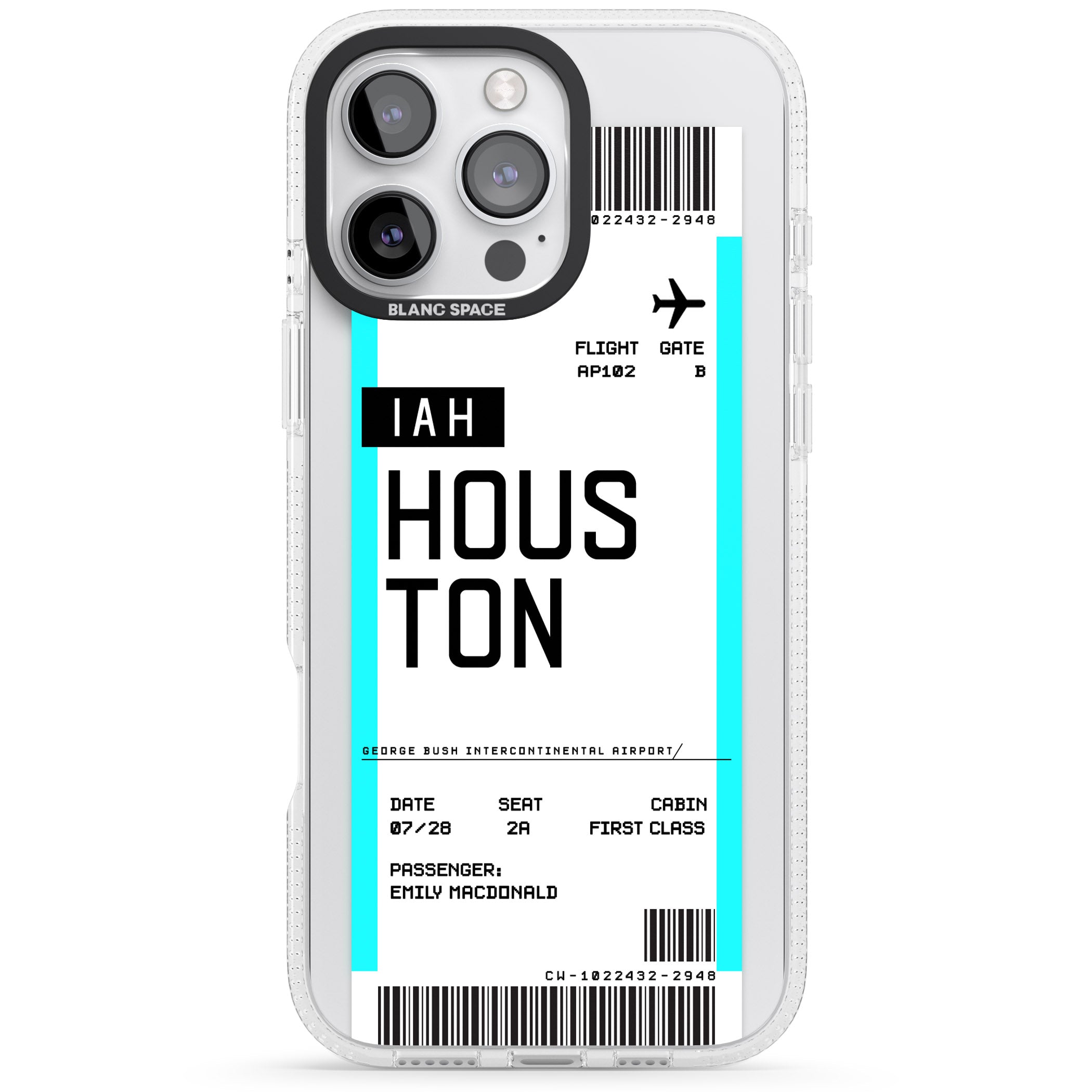 Personalised Houston Boarding Pass iPhone 16 Pro Max / 16 Pro Clear Case Impact Air - Blanc Space