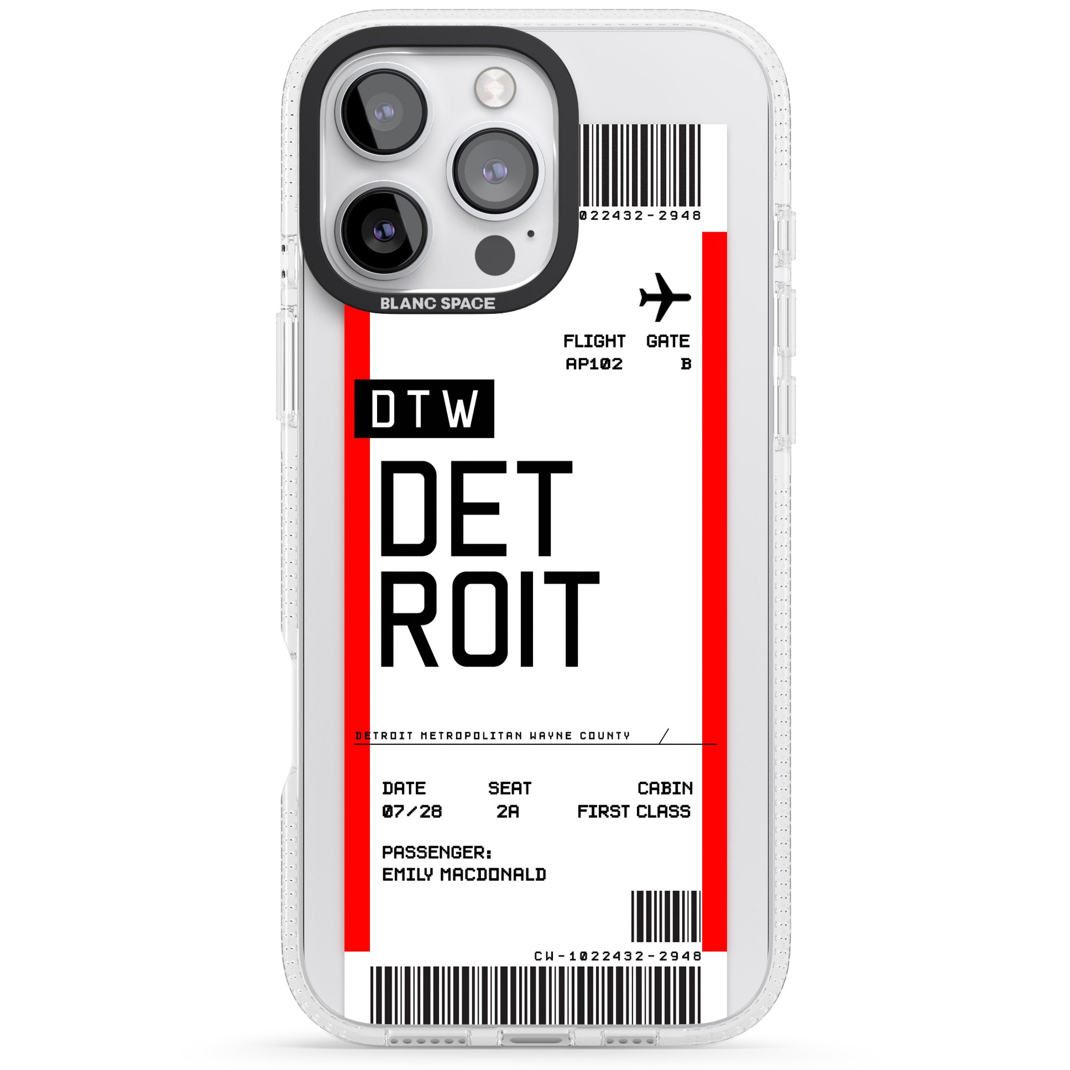 Personalised Detroit Boarding Pass iPhone 16 Pro Max / 16 Pro Clear Case Impact Air - Blanc Space