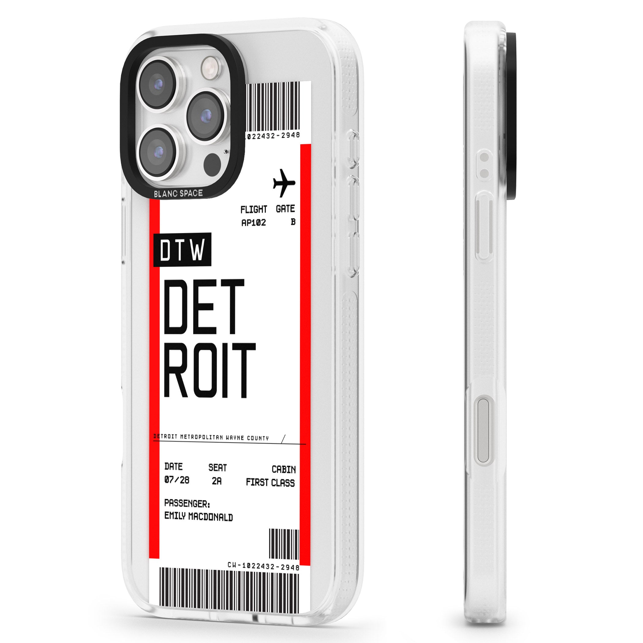 Personalised Detroit Boarding Pass iPhone 16 Pro Max / 16 Pro Clear Case Impact Air - Blanc Space