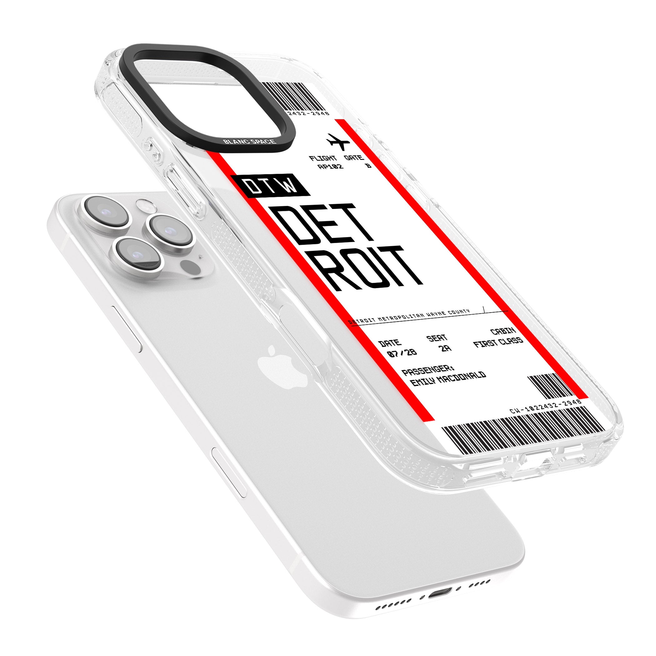 Personalised Detroit Boarding Pass iPhone 16 Pro Max / 16 Pro Clear Case Impact Air - Blanc Space