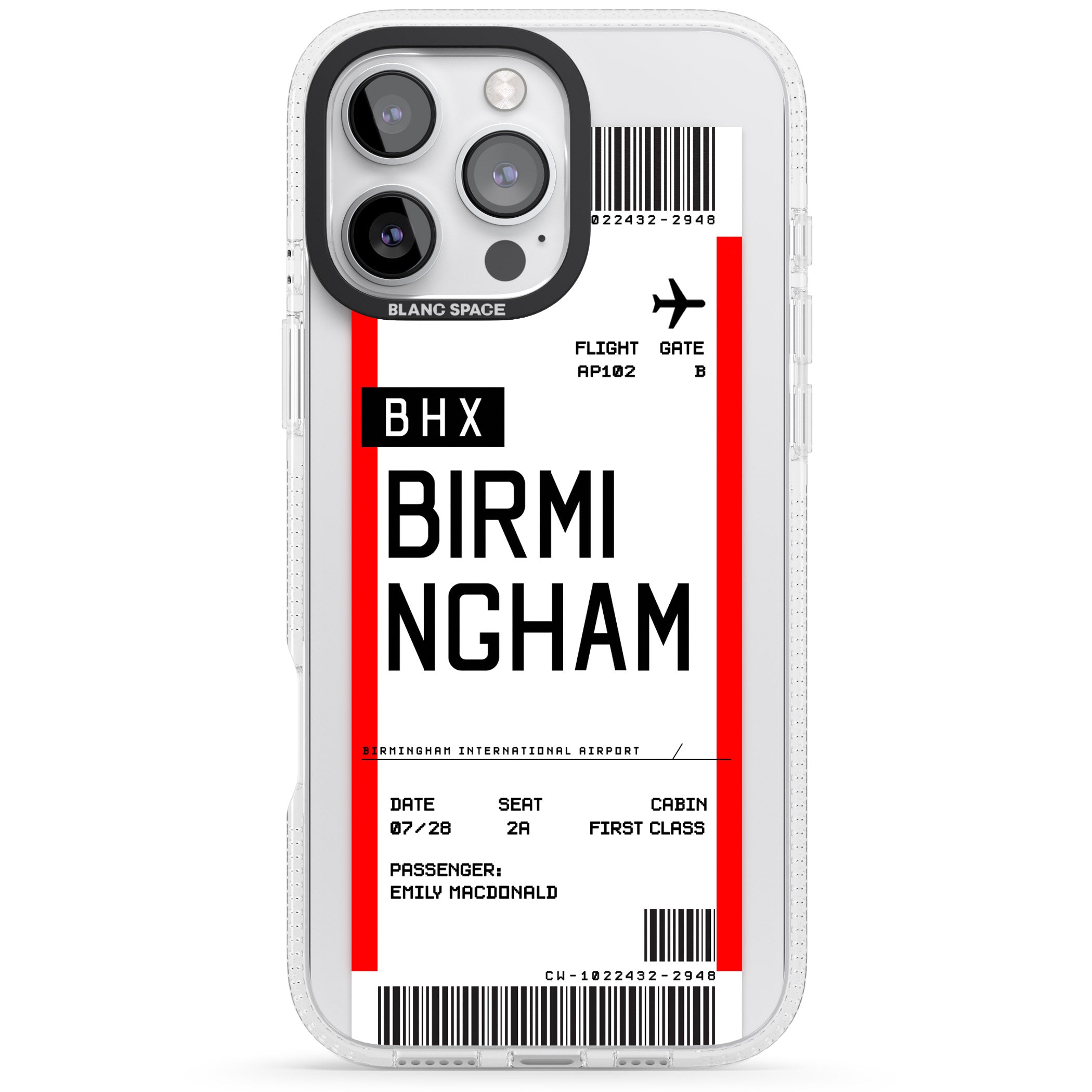 Personalised Birmingham Boarding Pass iPhone 16 Pro Max / 16 Pro Clear Case Impact Air - Blanc Space