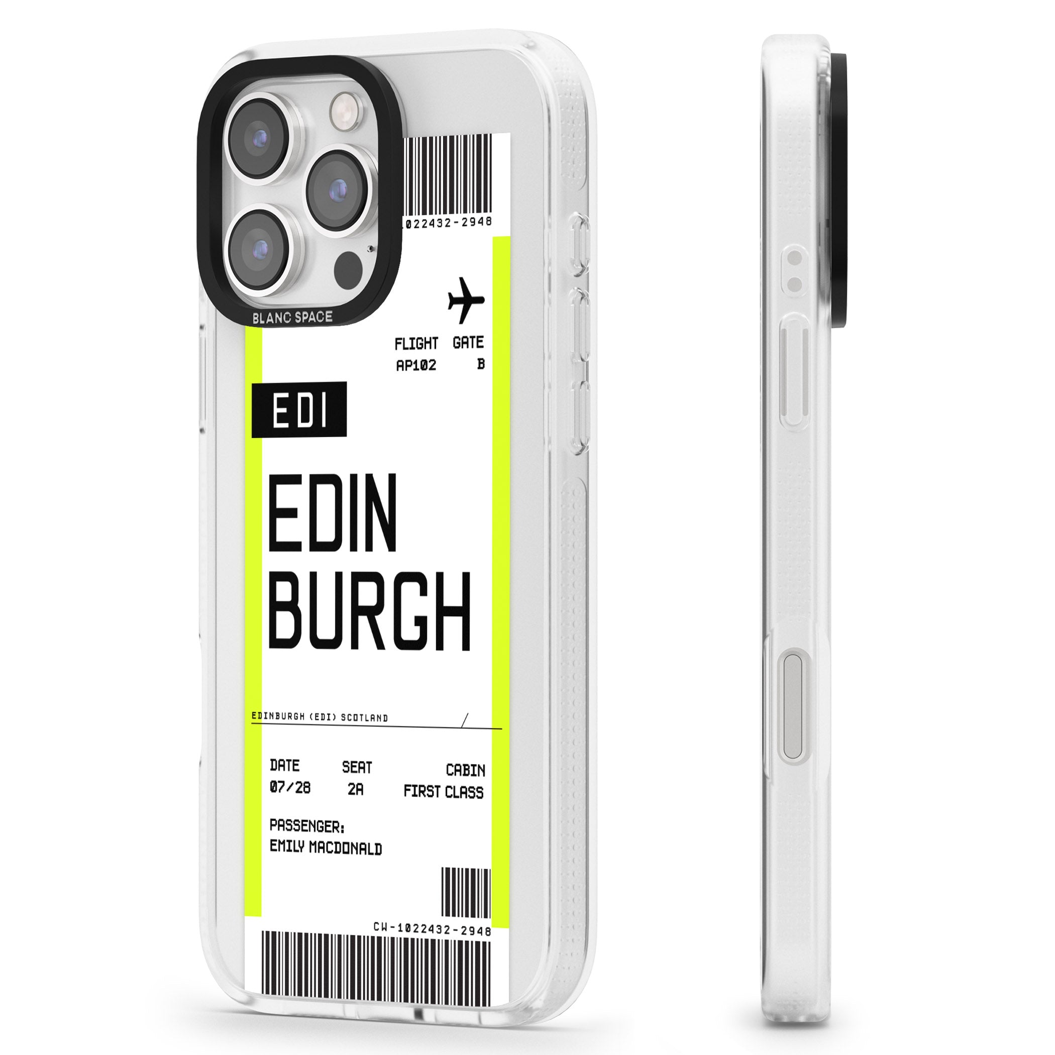 Personalised Edinburgh Boarding Pass iPhone 16 Pro Max / 16 Pro Clear Case Impact Air - Blanc Space