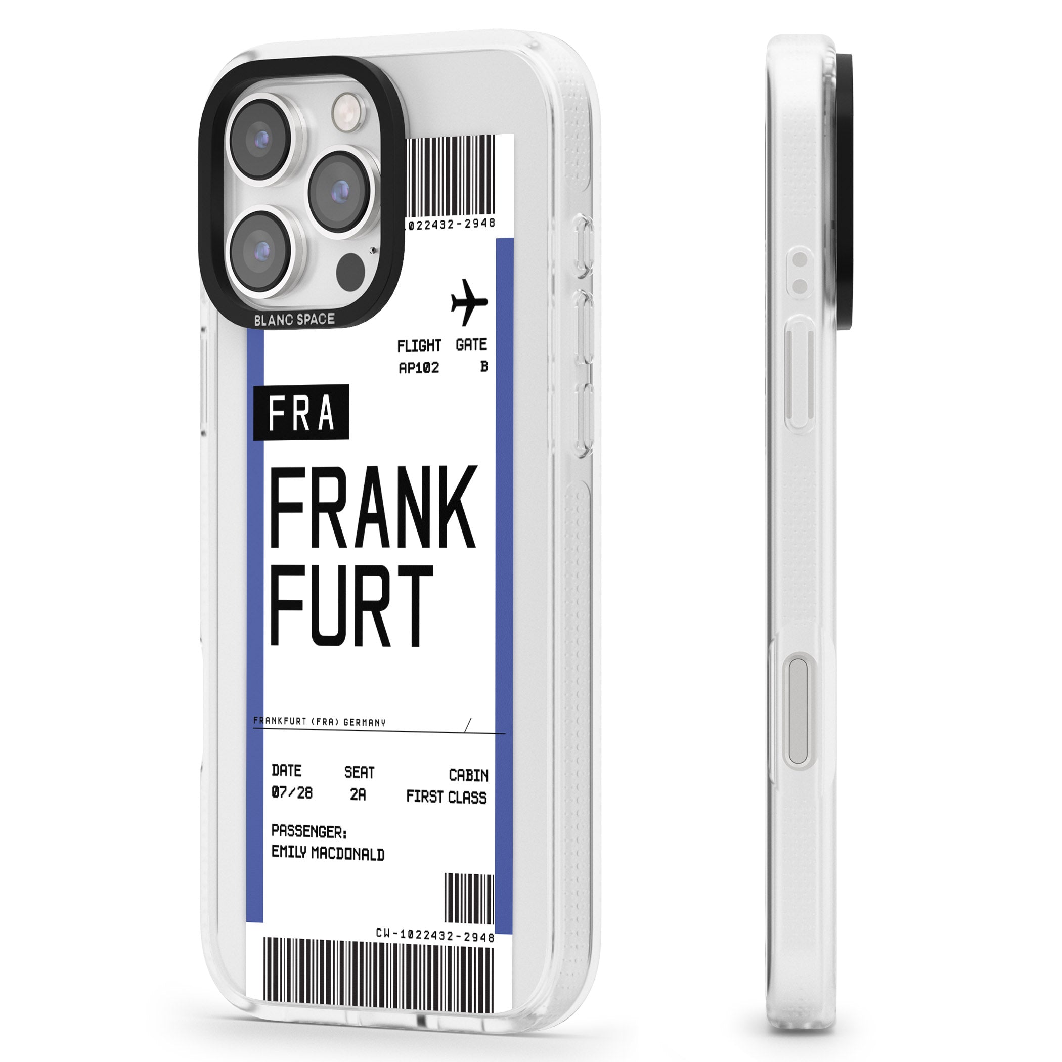 Personalised Frankfurt Boarding Pass iPhone 16 Pro Max / 16 Pro Clear Case Impact Air - Blanc Space