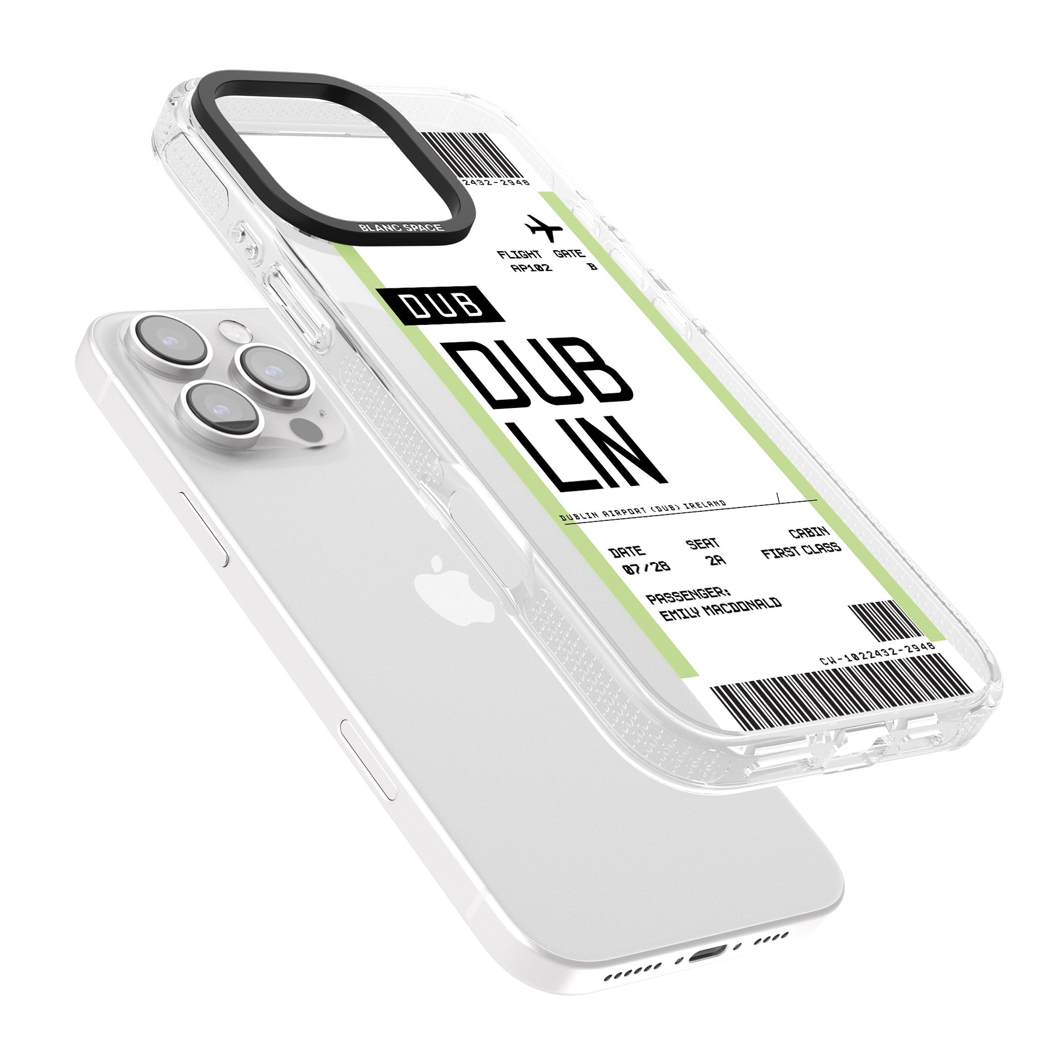 Personalised Dublin Boarding Pass iPhone 16 Pro Max / 16 Pro Clear Case Impact Air - Blanc Space