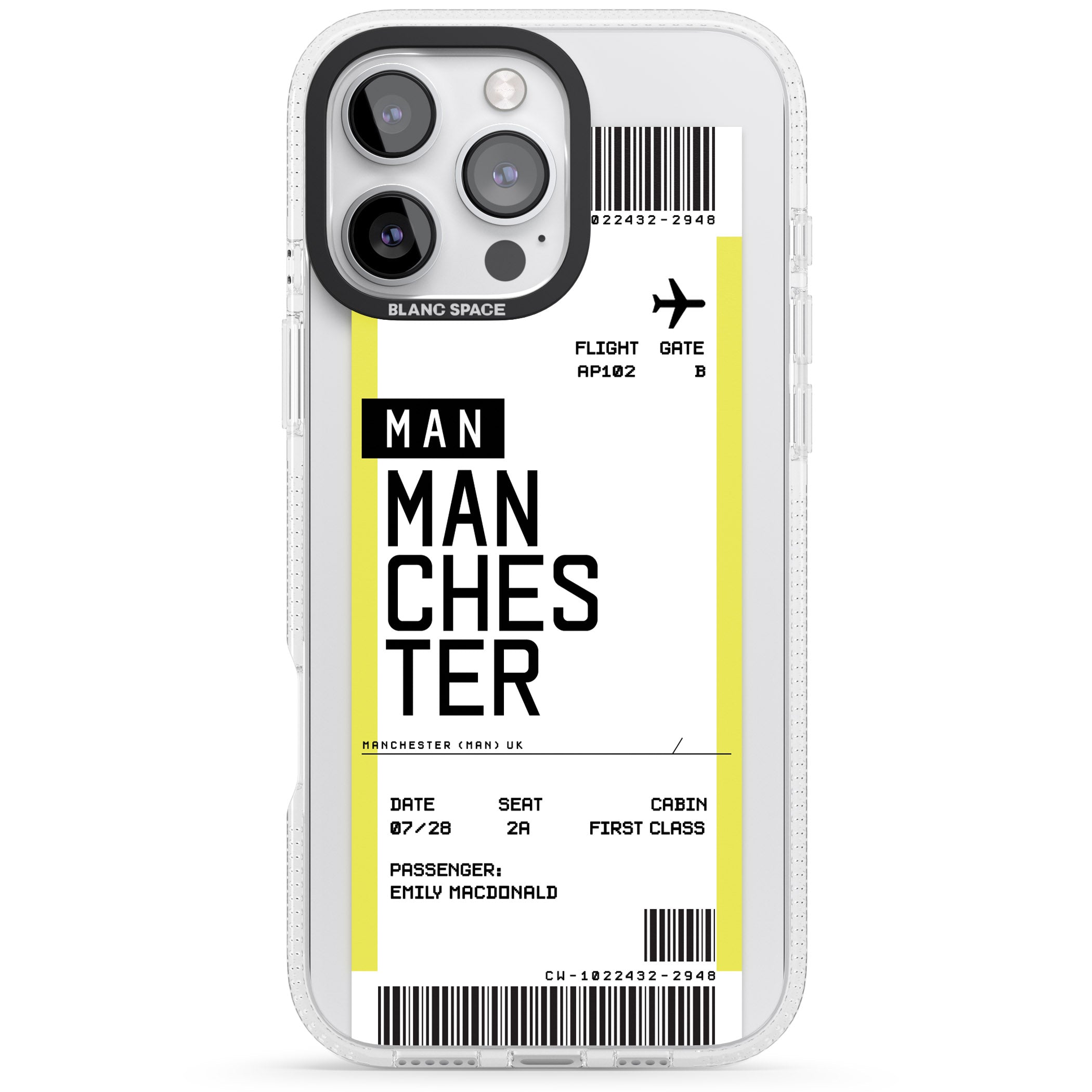 Personalised Manchester Boarding Pass iPhone 16 Pro Max / 16 Pro Clear Case Impact Air - Blanc Space
