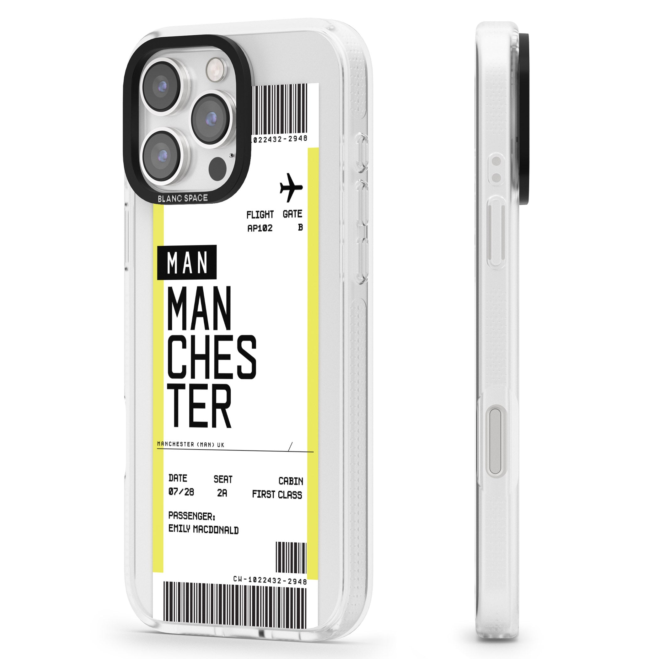 Personalised Manchester Boarding Pass iPhone 16 Pro Max / 16 Pro Clear Case Impact Air - Blanc Space