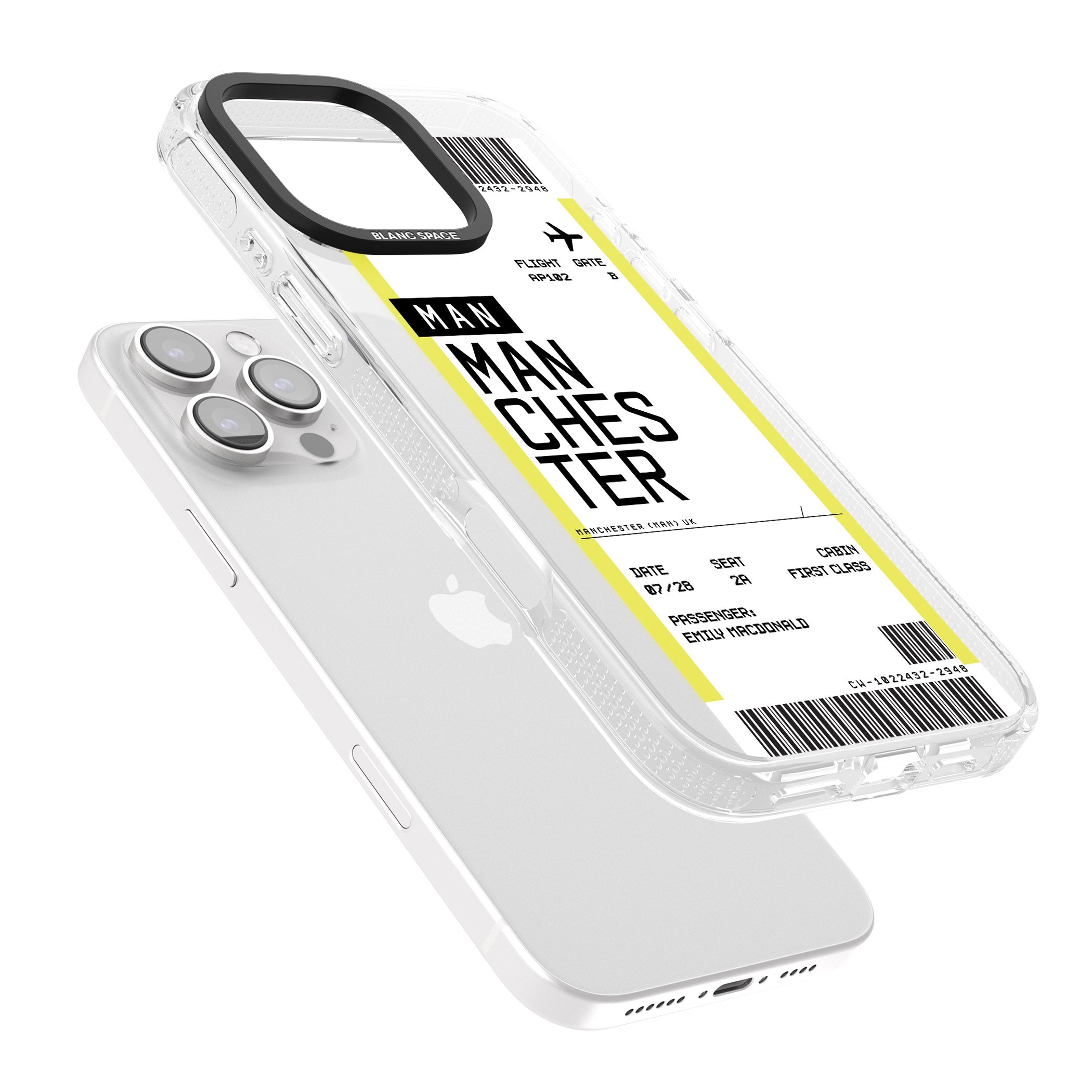 Personalised Manchester Boarding Pass iPhone 16 Pro Max / 16 Pro Clear Case Impact Air - Blanc Space