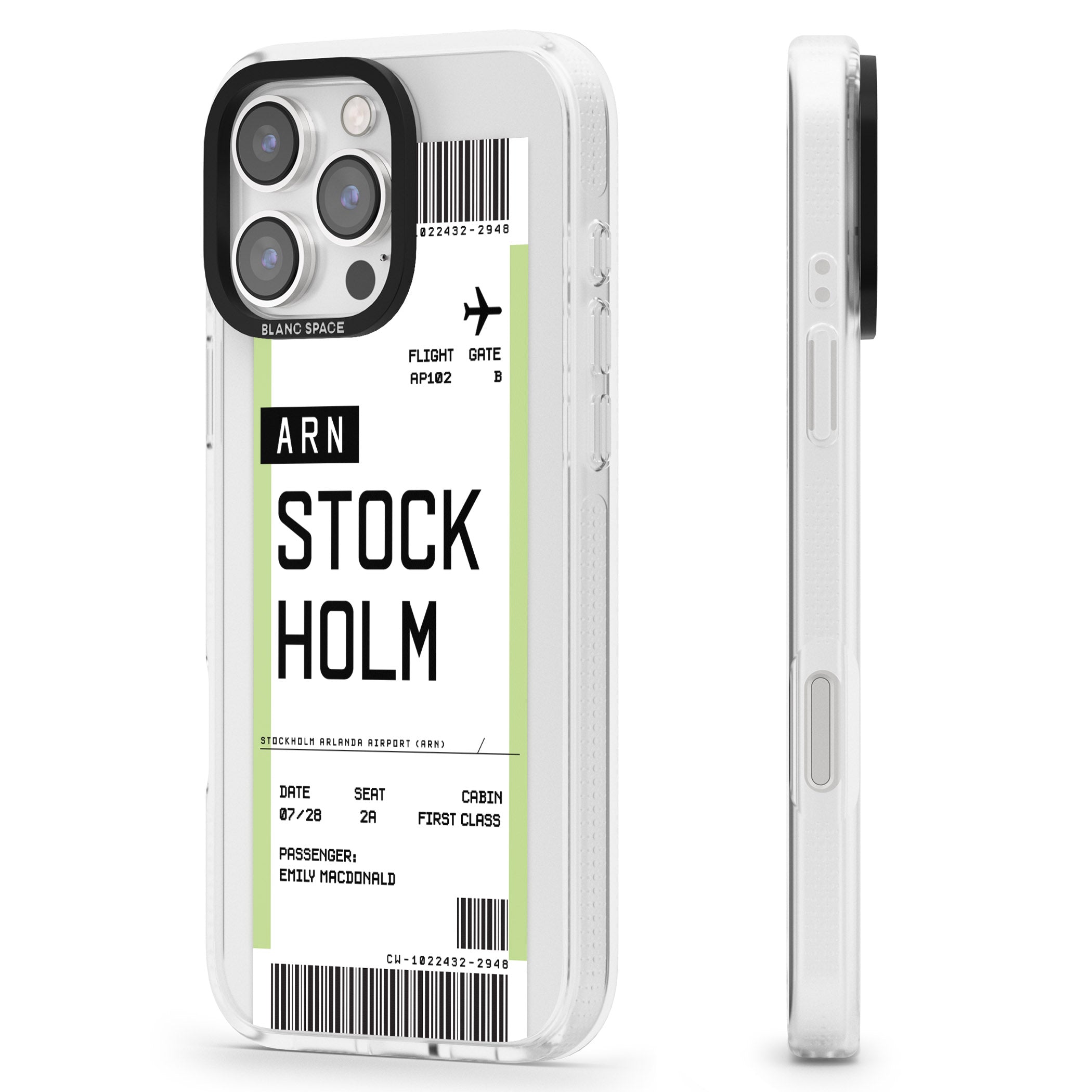 Personalised Stockholm Boarding Pass iPhone 16 Pro Max / 16 Pro Clear Case Impact Air - Blanc Space