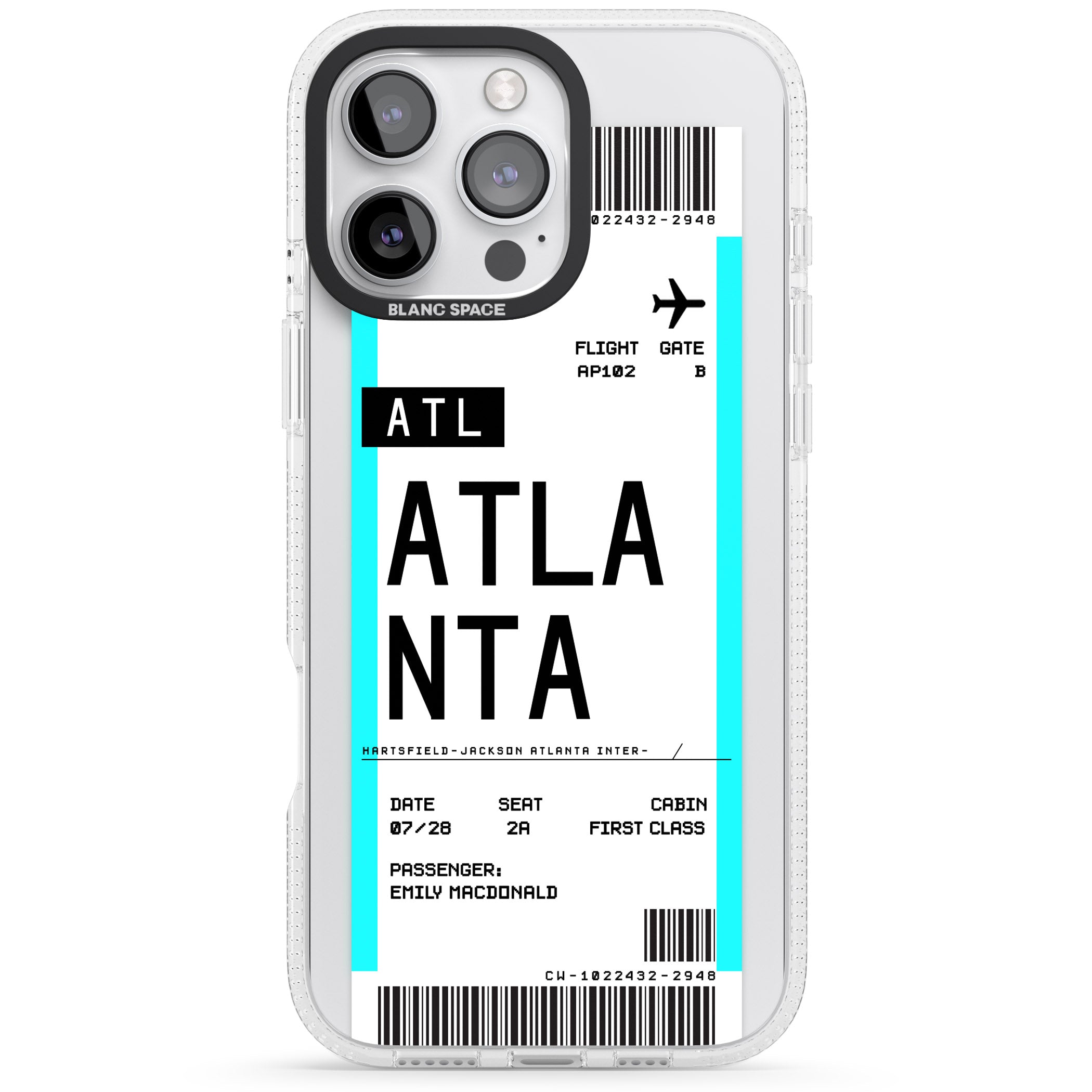 Personalised Atlanta Boarding Pass iPhone 16 Pro Max / 16 Pro Clear Case Impact Air - Blanc Space