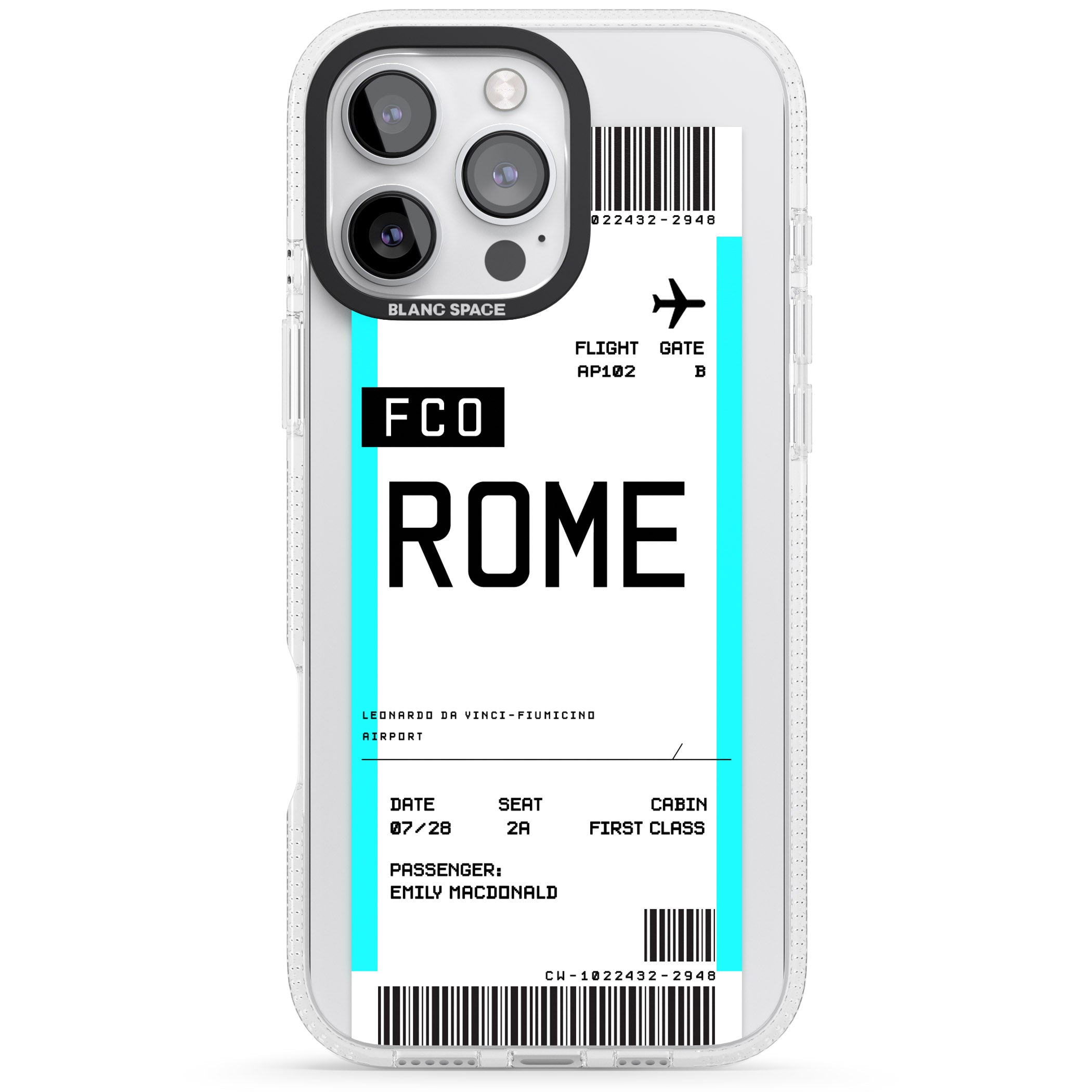 Personalised Rome Boarding Pass iPhone 16 Pro Max / 16 Pro Clear Case Impact Air - Blanc Space
