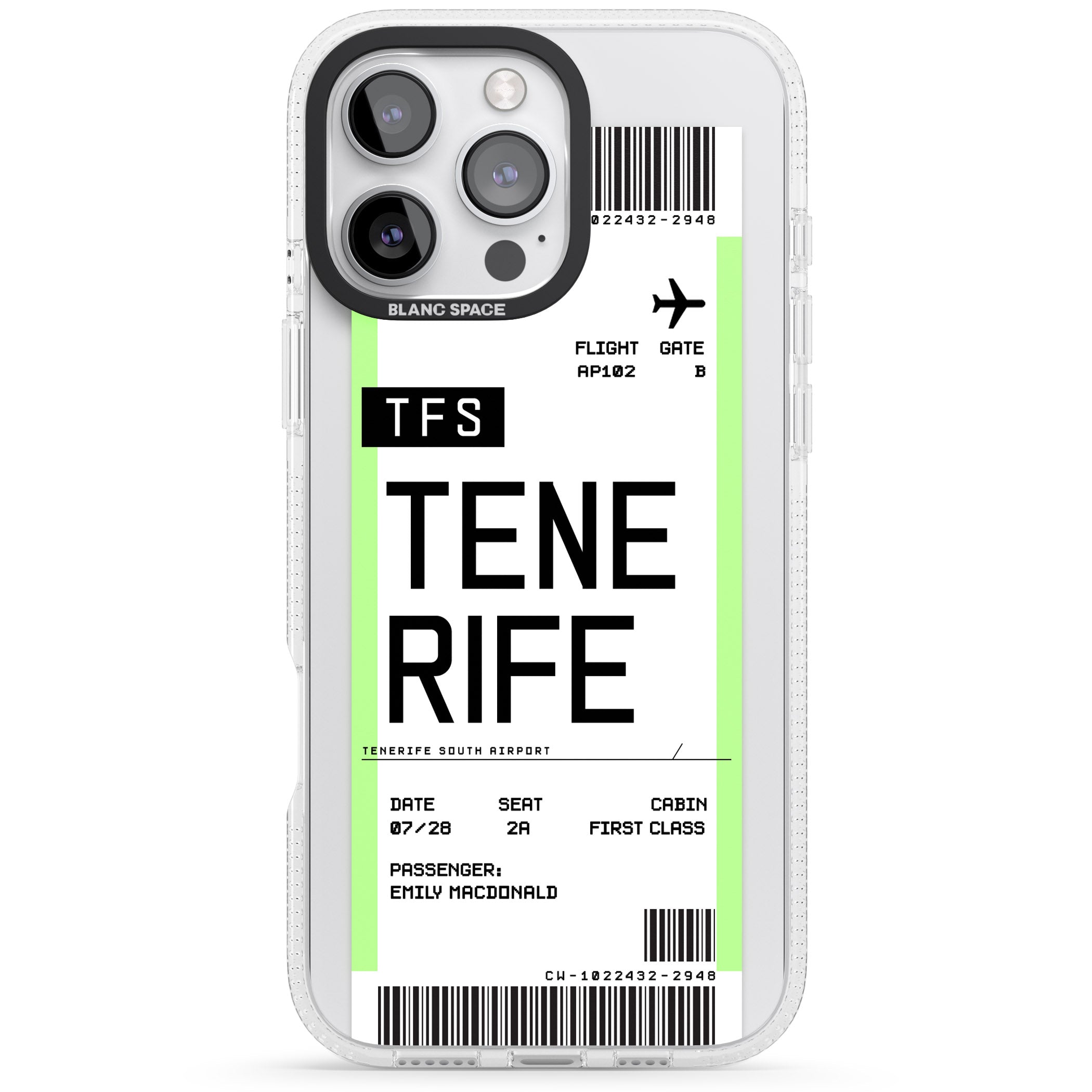Personalised Tenerife Boarding Pass iPhone 16 Pro Max / 16 Pro Clear Case Impact Air - Blanc Space