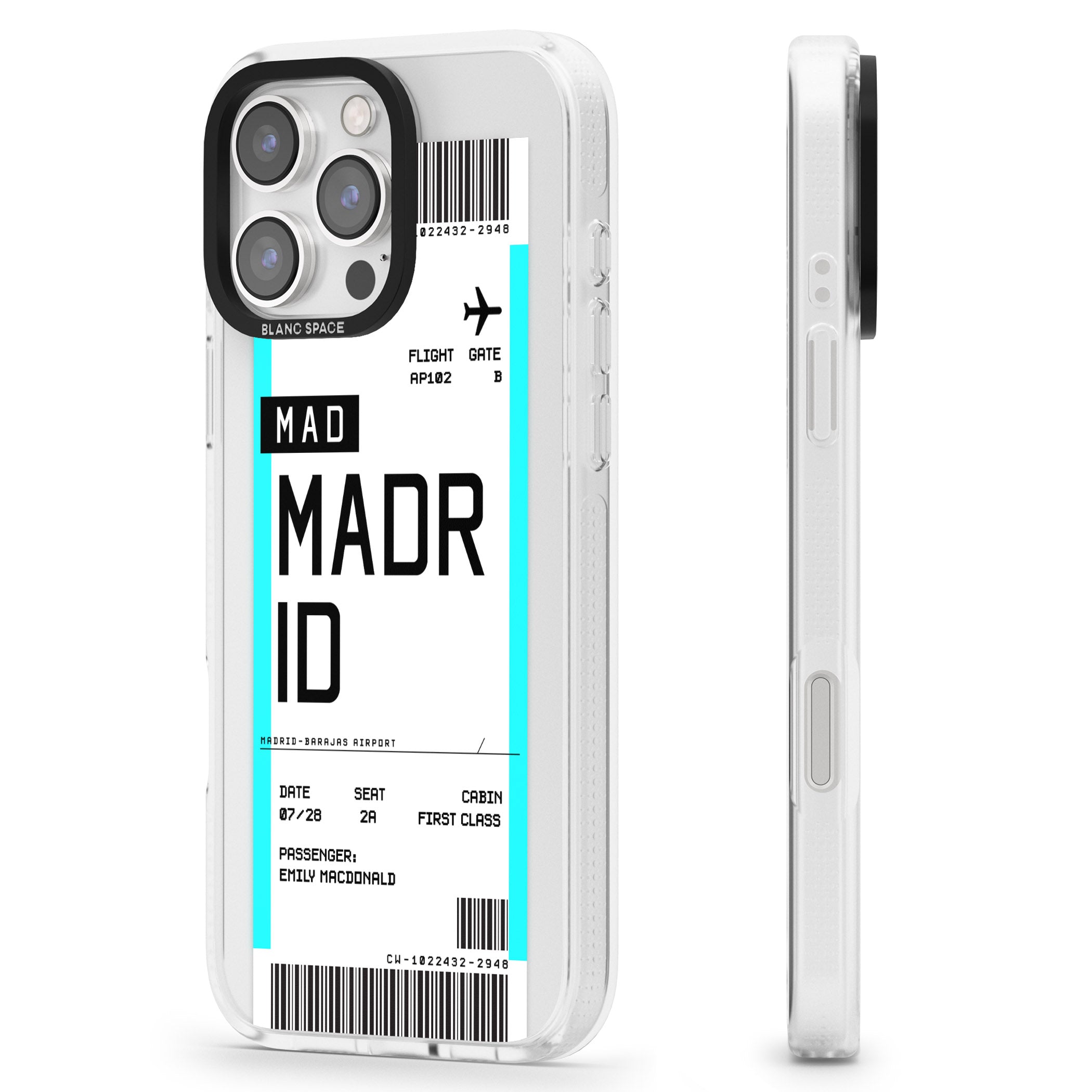 Personalised Madrid Boarding Pass iPhone 16 Pro Max / 16 Pro Clear Case Impact Air - Blanc Space