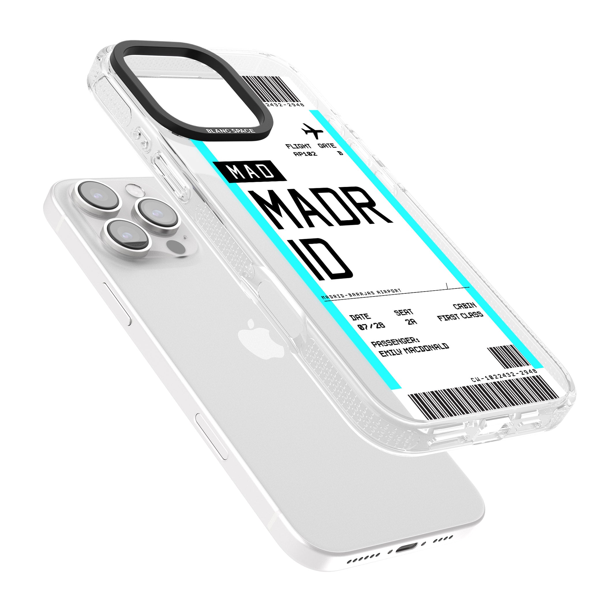 Personalised Madrid Boarding Pass iPhone 16 Pro Max / 16 Pro Clear Case Impact Air - Blanc Space