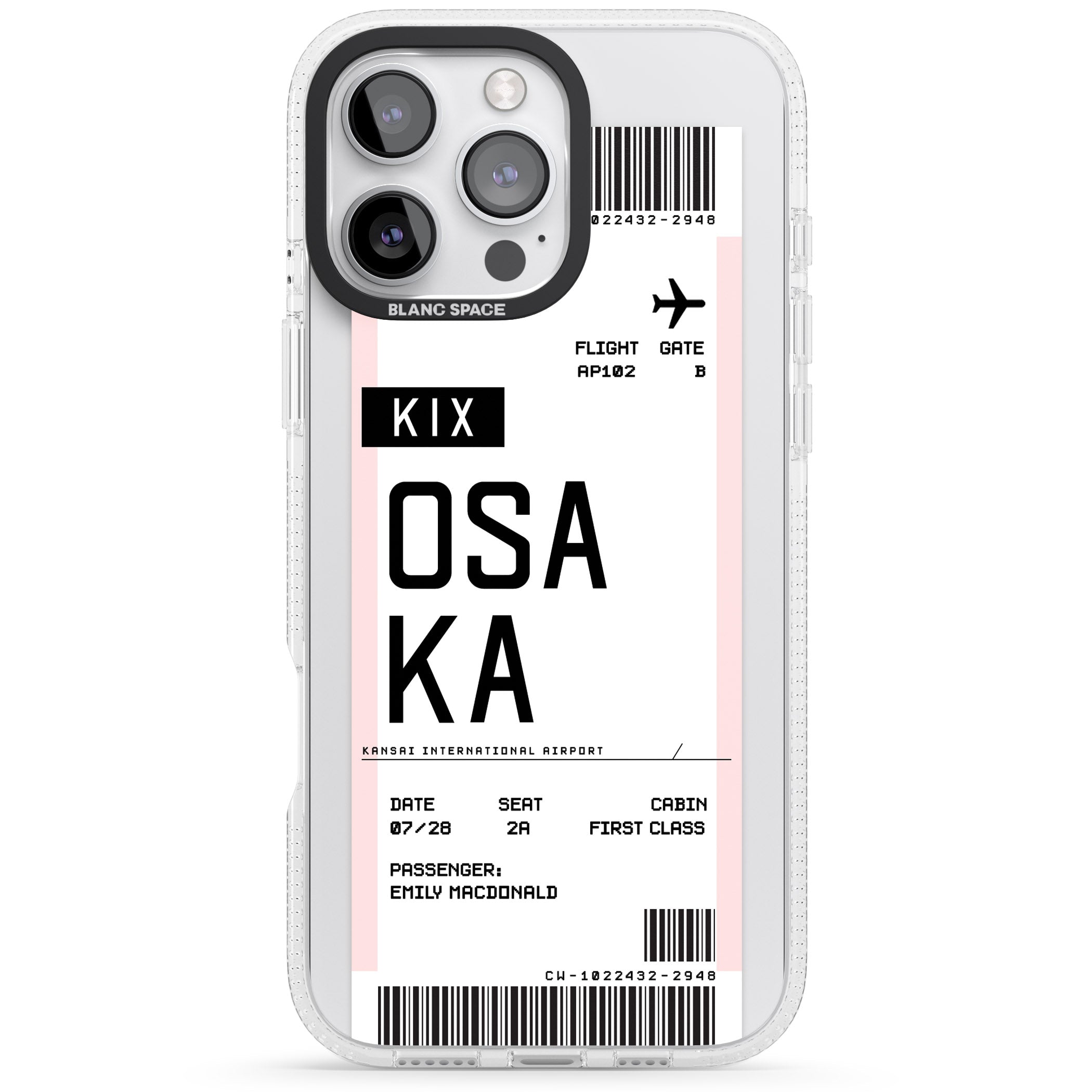Personalised Osaka Boarding Pass iPhone 16 Pro Max / 16 Pro Clear Case Impact Air - Blanc Space