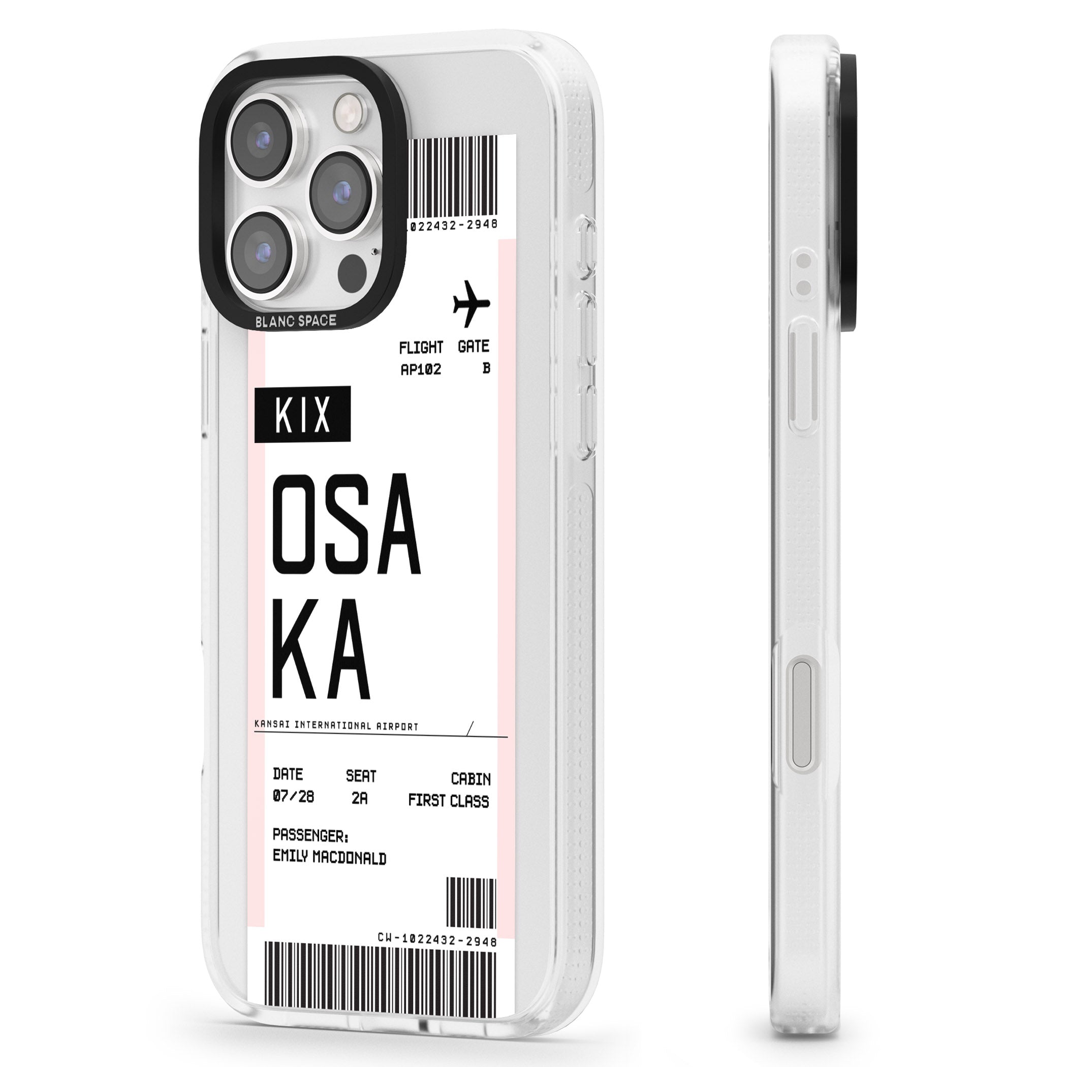 Personalised Osaka Boarding Pass iPhone 16 Pro Max / 16 Pro Clear Case Impact Air - Blanc Space