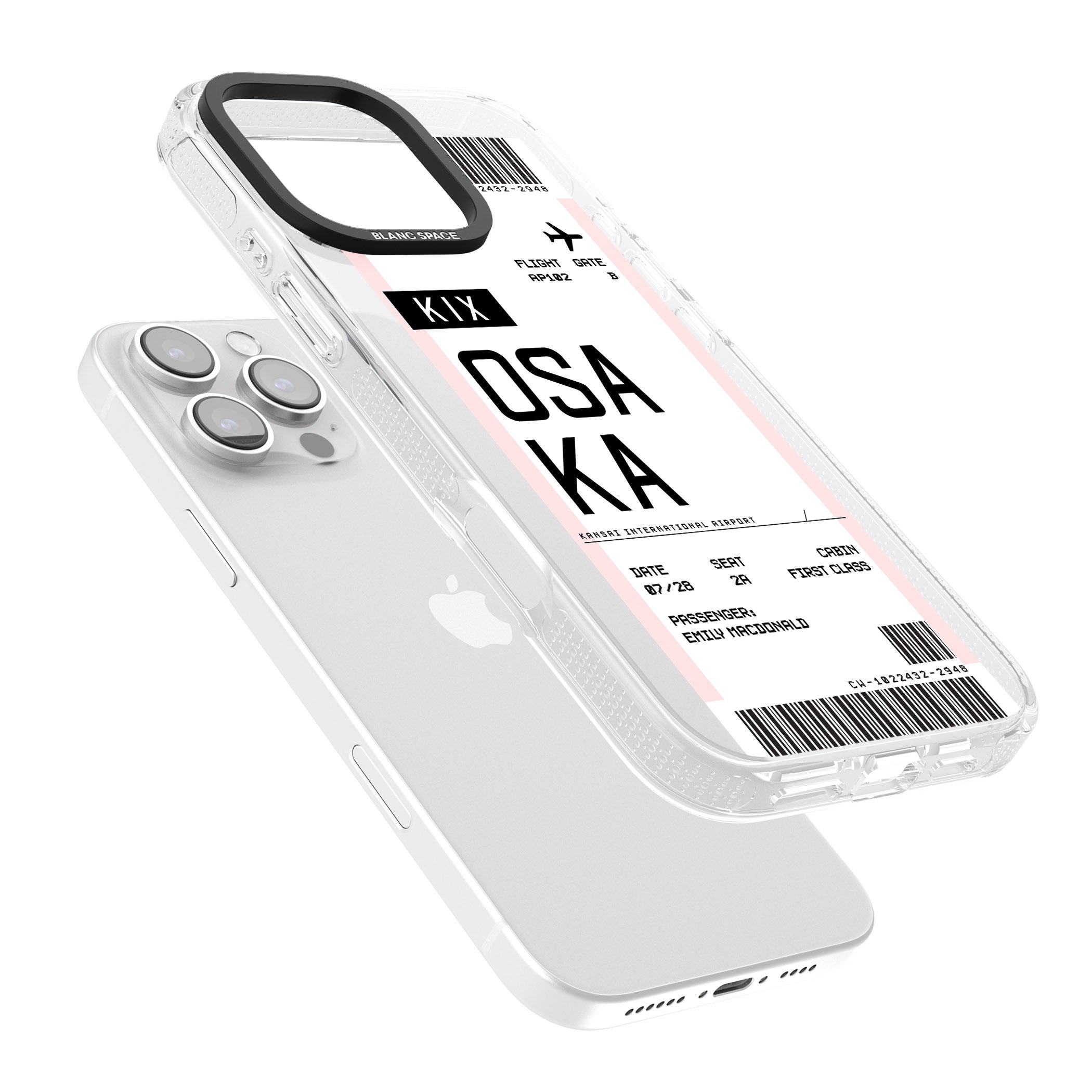 Personalised Osaka Boarding Pass iPhone 16 Pro Max / 16 Pro Clear Case Impact Air - Blanc Space