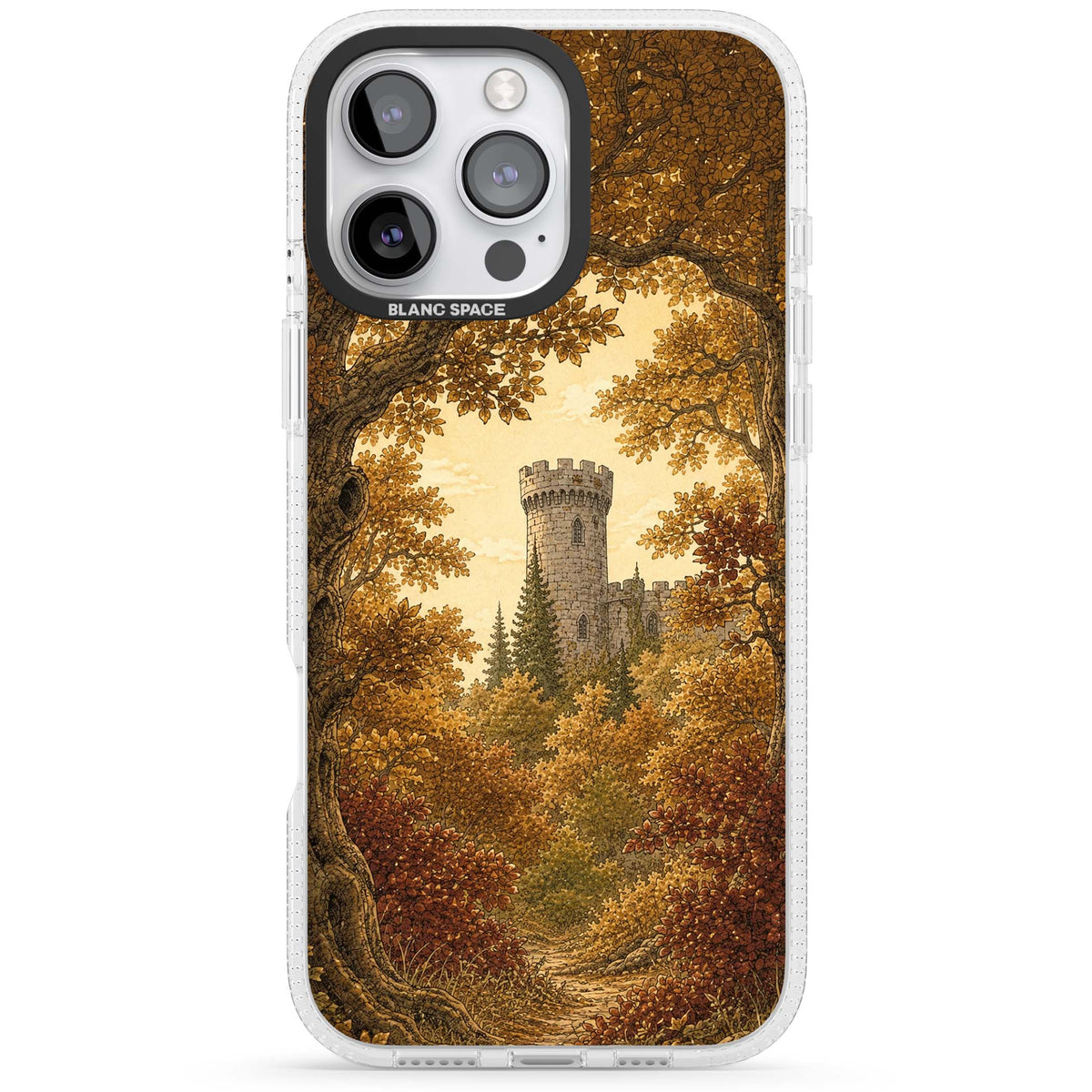 Autumn Keep cottagecore iPhone case featuring a medieval castle tower framed by golden autumn trees and woodland foliage | Clear Case Impact Air case for iPhone 16 Pro, iPhone 16 Pro Max