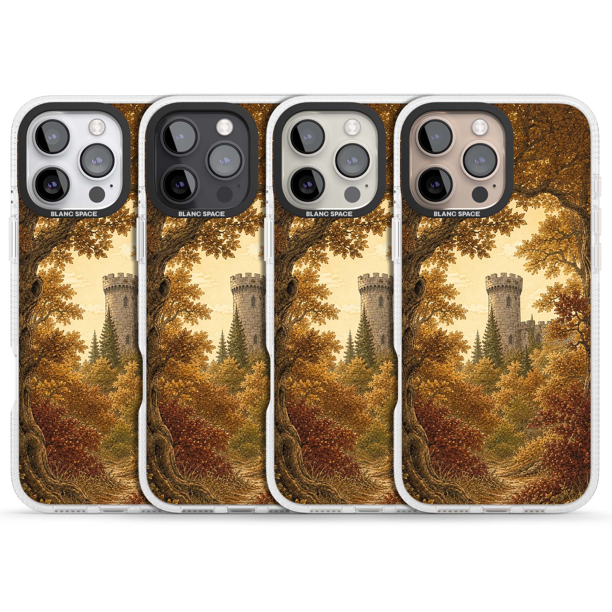 Autumn Keep cottagecore iPhone case featuring a medieval castle tower framed by golden autumn trees and woodland foliage | Clear Case Impact Air case for iPhone 16 Pro, iPhone 16 Pro Max