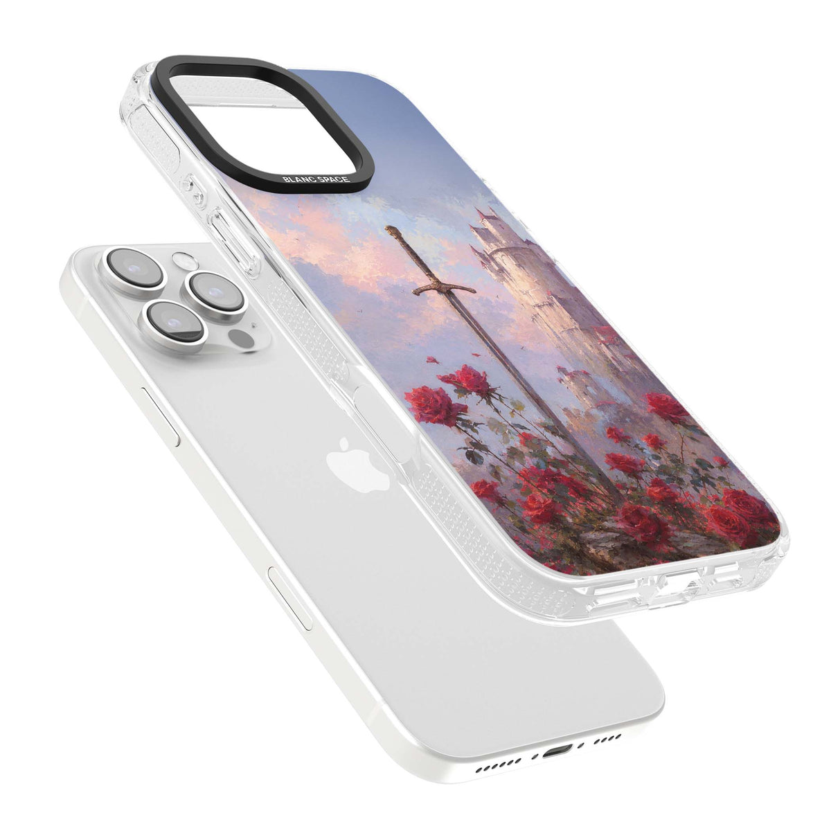 Sword in Roses medieval art iPhone case featuring a sword, red roses, and a misty fairytale castle at sunset | Clear Case Impact Air case for iPhone 16 Pro, iPhone 16 Pro Max