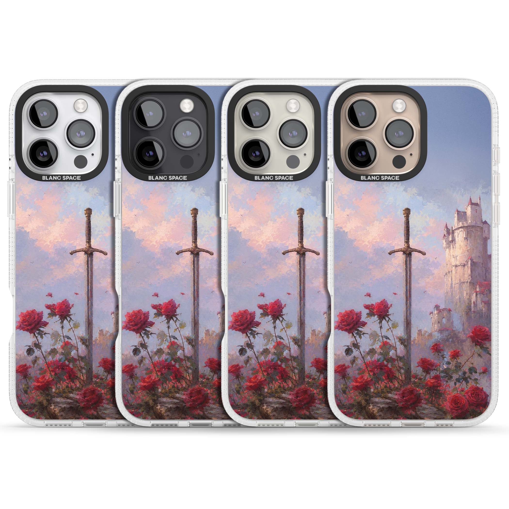Sword in Roses medieval art iPhone case featuring a sword, red roses, and a misty fairytale castle at sunset | Clear Case Impact Air case for iPhone 16 Pro, iPhone 16 Pro Max