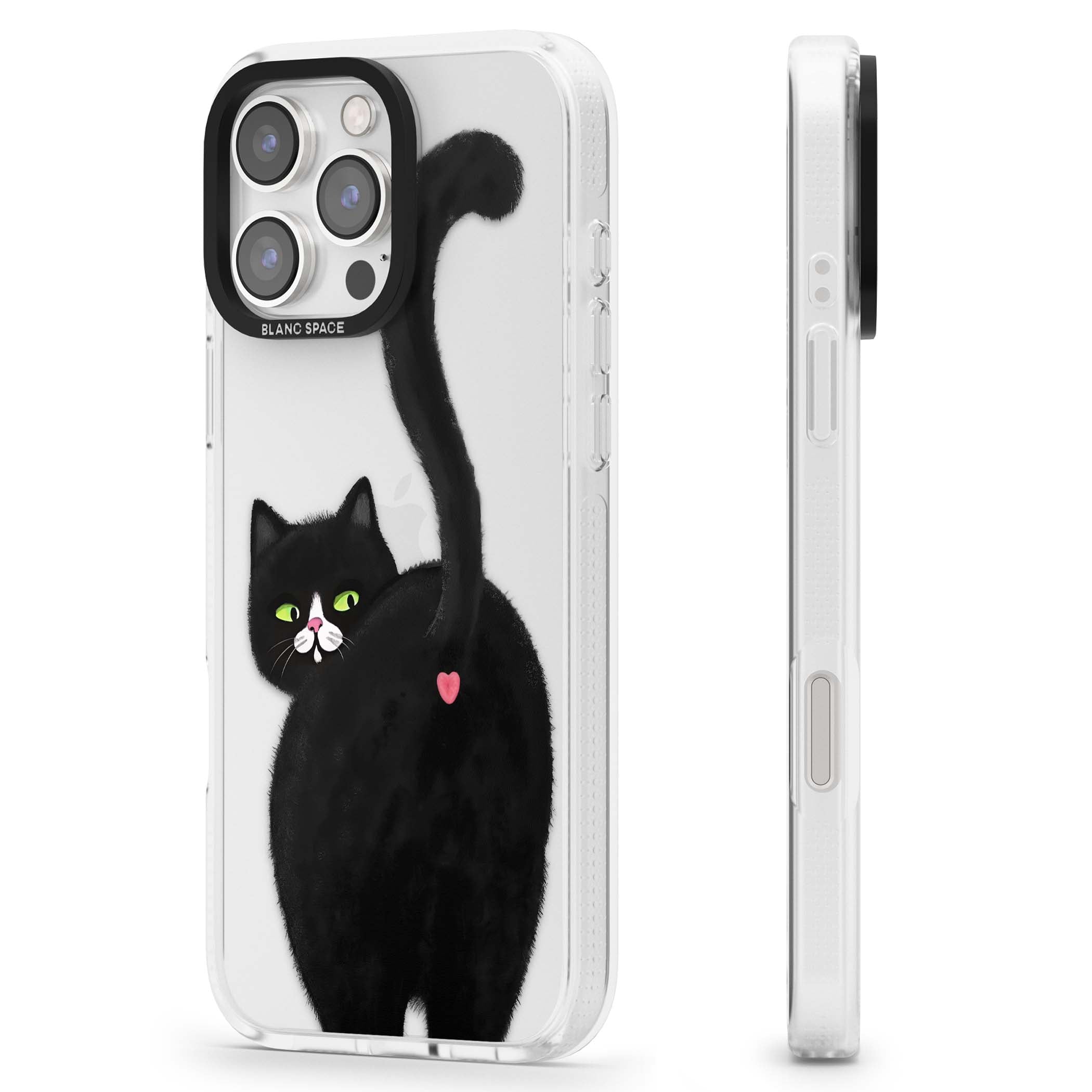 The Cat's Kiss cute cat iPhone case featuring a hand-painted tuxedo kitty with green eyes and a pink heart on a clear  | Clear Case Impact Air case for iPhone 16 Pro, iPhone 16 Pro Max