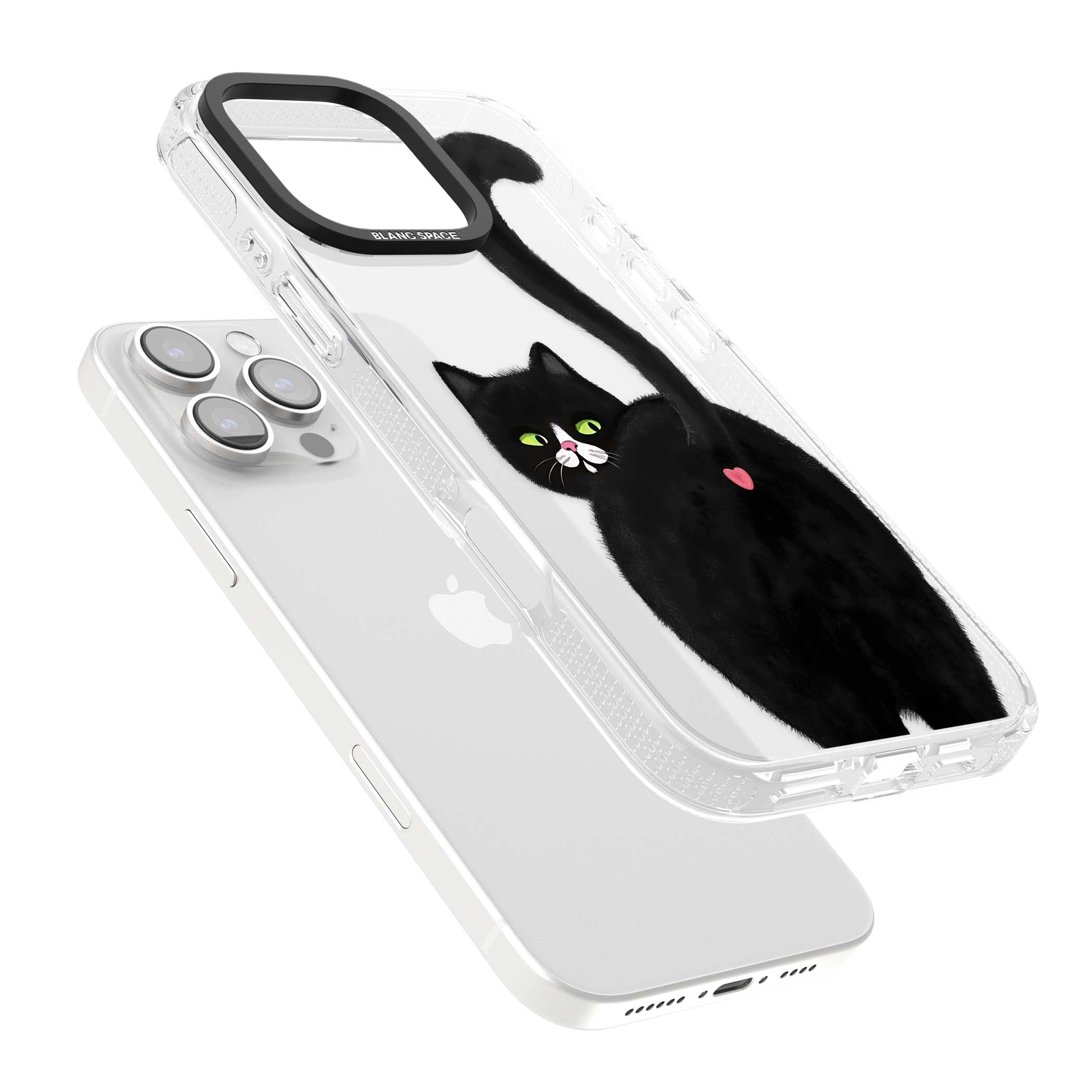 The Cat's Kiss cute cat iPhone case featuring a hand-painted tuxedo kitty with green eyes and a pink heart on a clear  | Clear Case Impact Air case for iPhone 16 Pro, iPhone 16 Pro Max