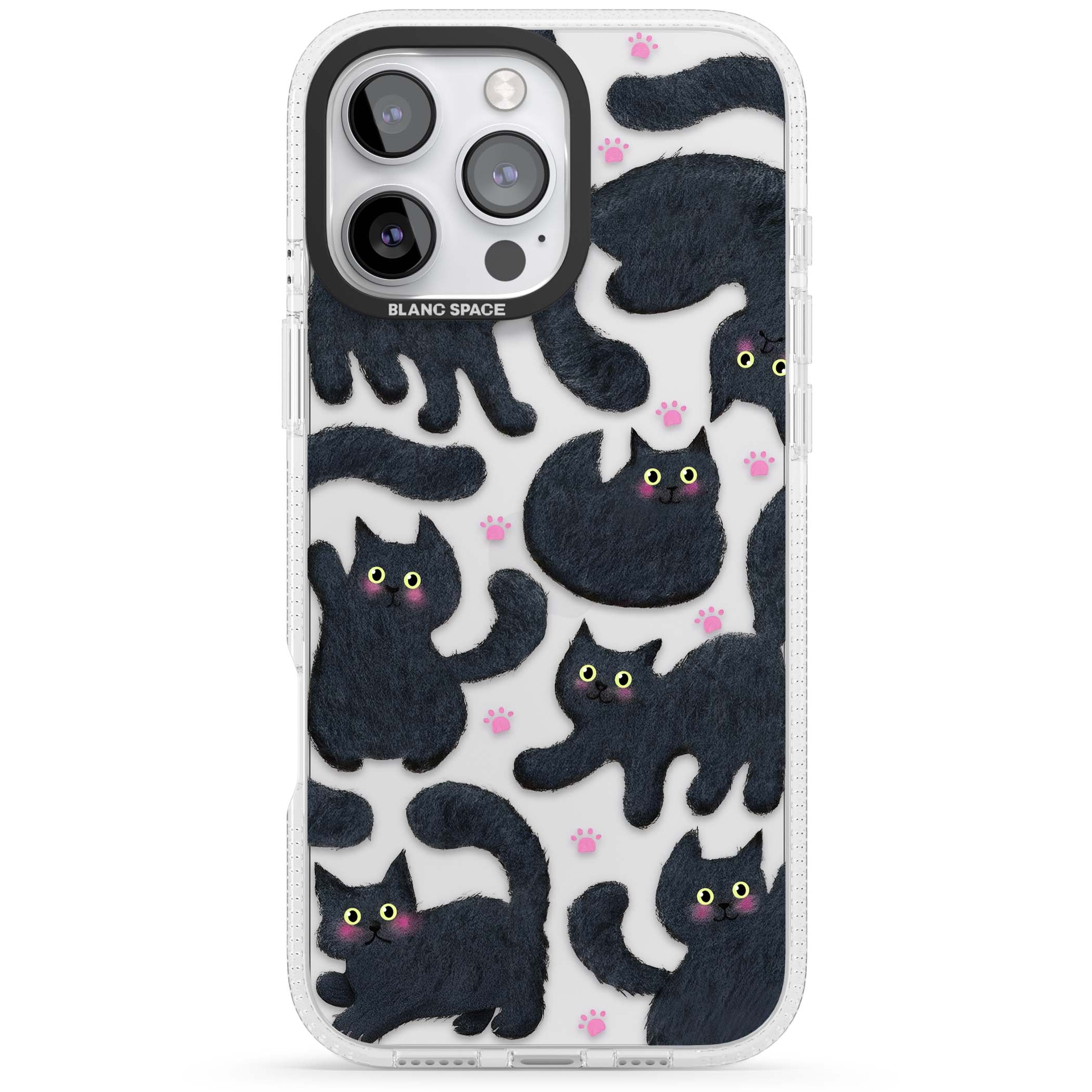 Midnight Cats cute iPhone case featuring black cat pattern with yellow eyes and pink paw prints | Clear Case Impact Air case for iPhone 16 Pro, iPhone 16 Pro Max