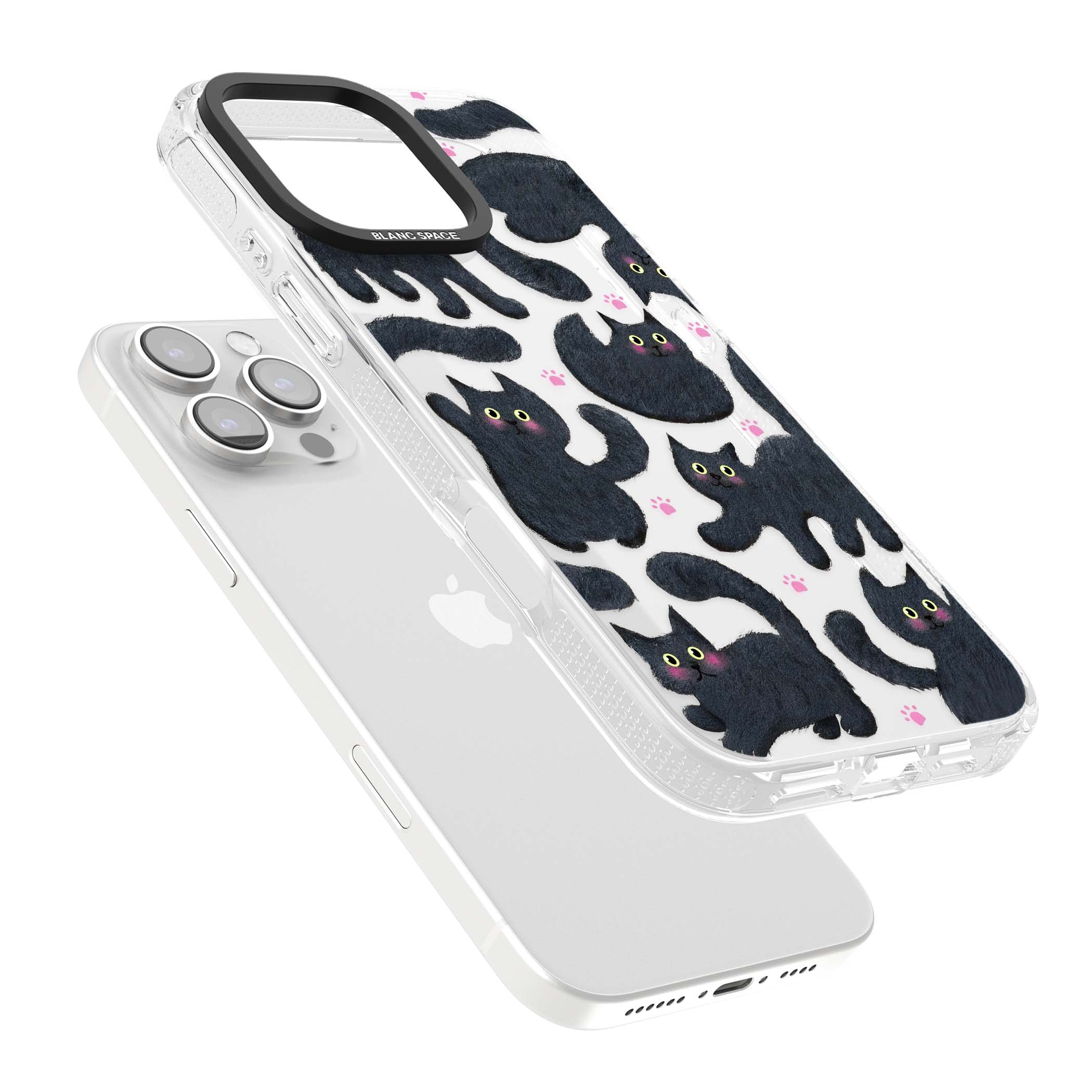 Midnight Cats cute iPhone case featuring black cat pattern with yellow eyes and pink paw prints | Clear Case Impact Air case for iPhone 16 Pro, iPhone 16 Pro Max