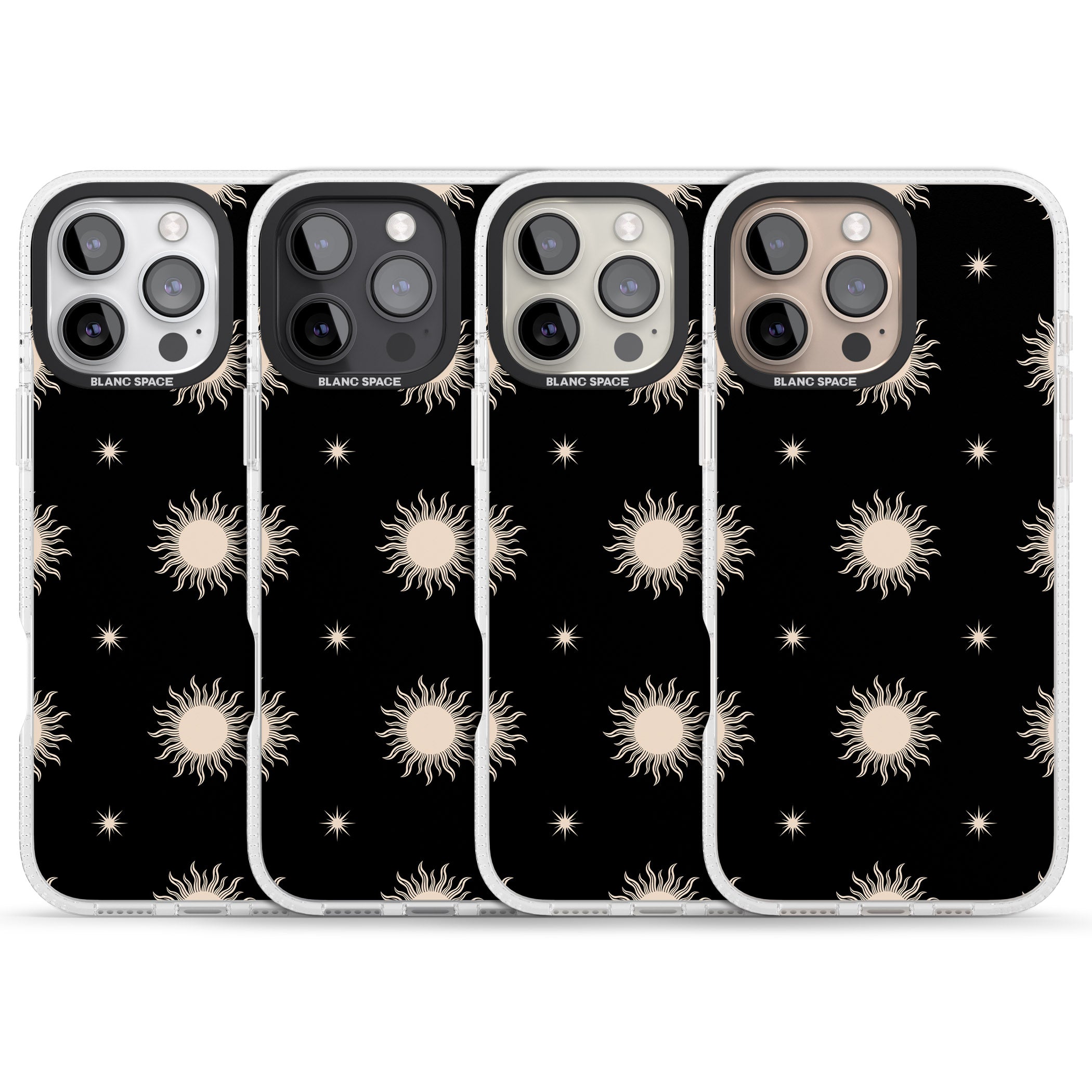 Celestial Patterns Classic Suns (Black) iPhone 16 Pro Max / 16 Pro Clear Case Impact Air - Blanc Space