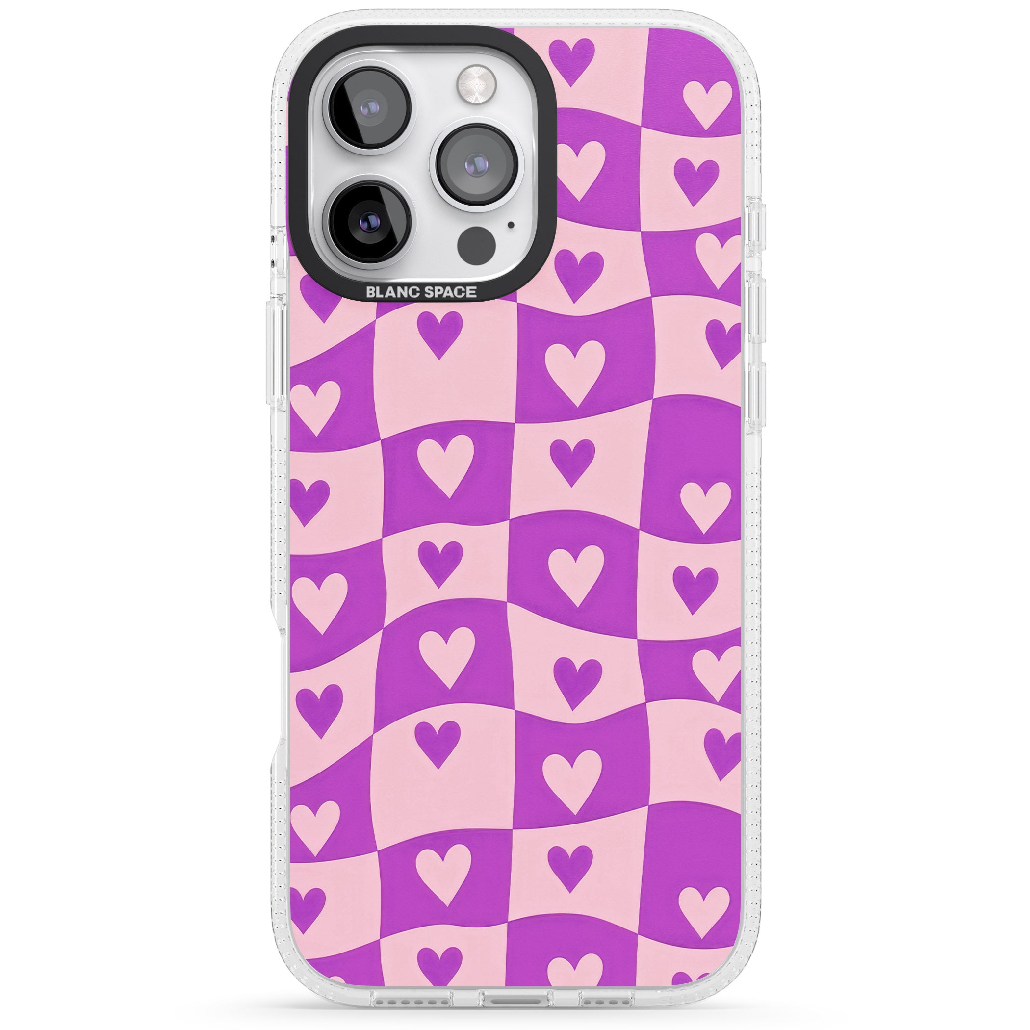 Purple Wavy Checked & Hearts iPhone 16 Pro Max / 16 Pro Clear Case Impact Air - Blanc Space