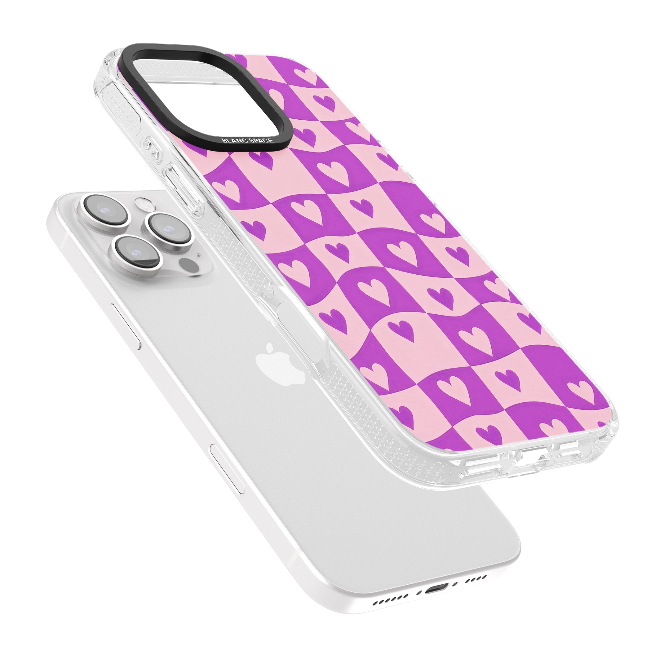 Purple Wavy Checked & Hearts iPhone 16 Pro Max / 16 Pro Clear Case Impact Air - Blanc Space