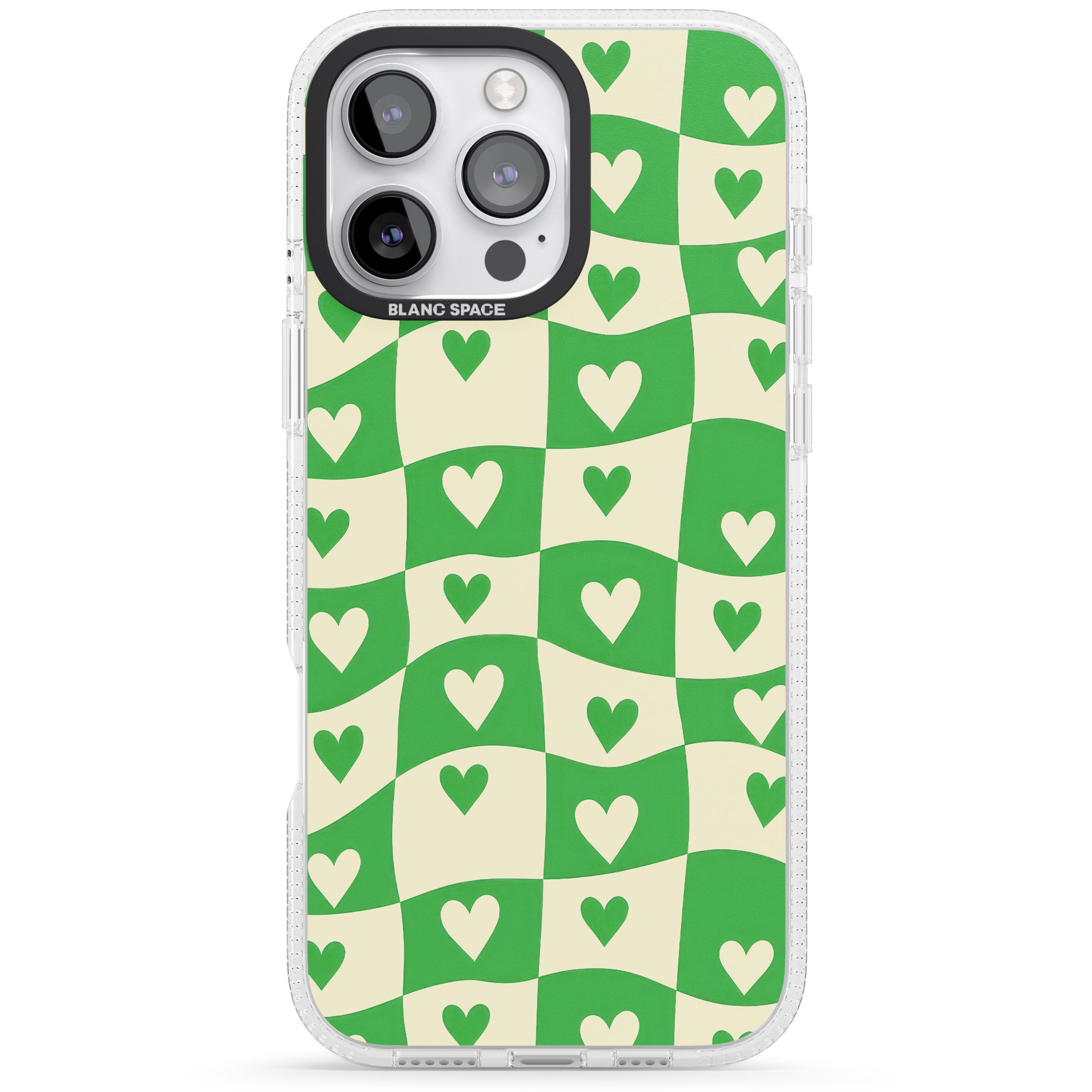 Green Wavy Checked & Hearts iPhone 16 Pro Max / 16 Pro Clear Case Impact Air - Blanc Space