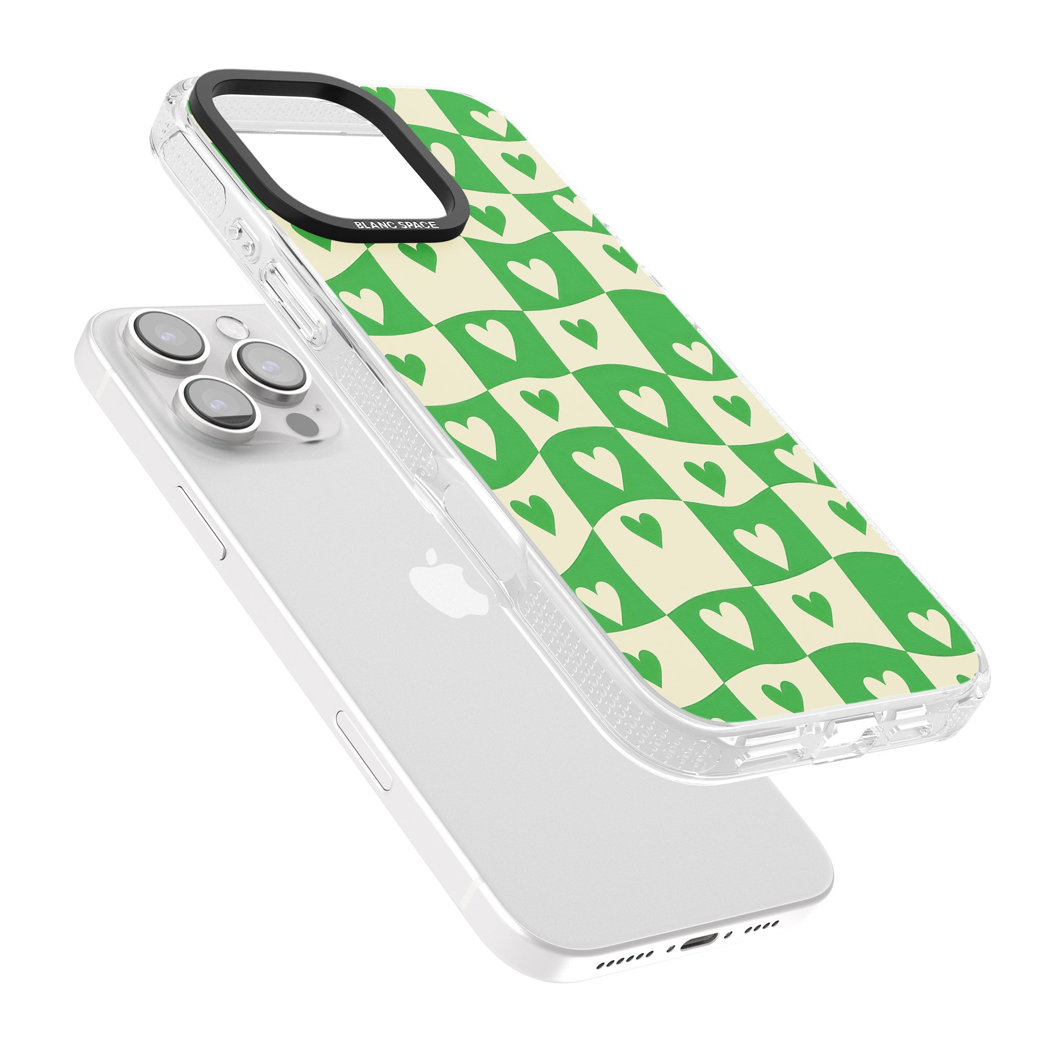 Green Wavy Checked & Hearts iPhone 16 Pro Max / 16 Pro Clear Case Impact Air - Blanc Space