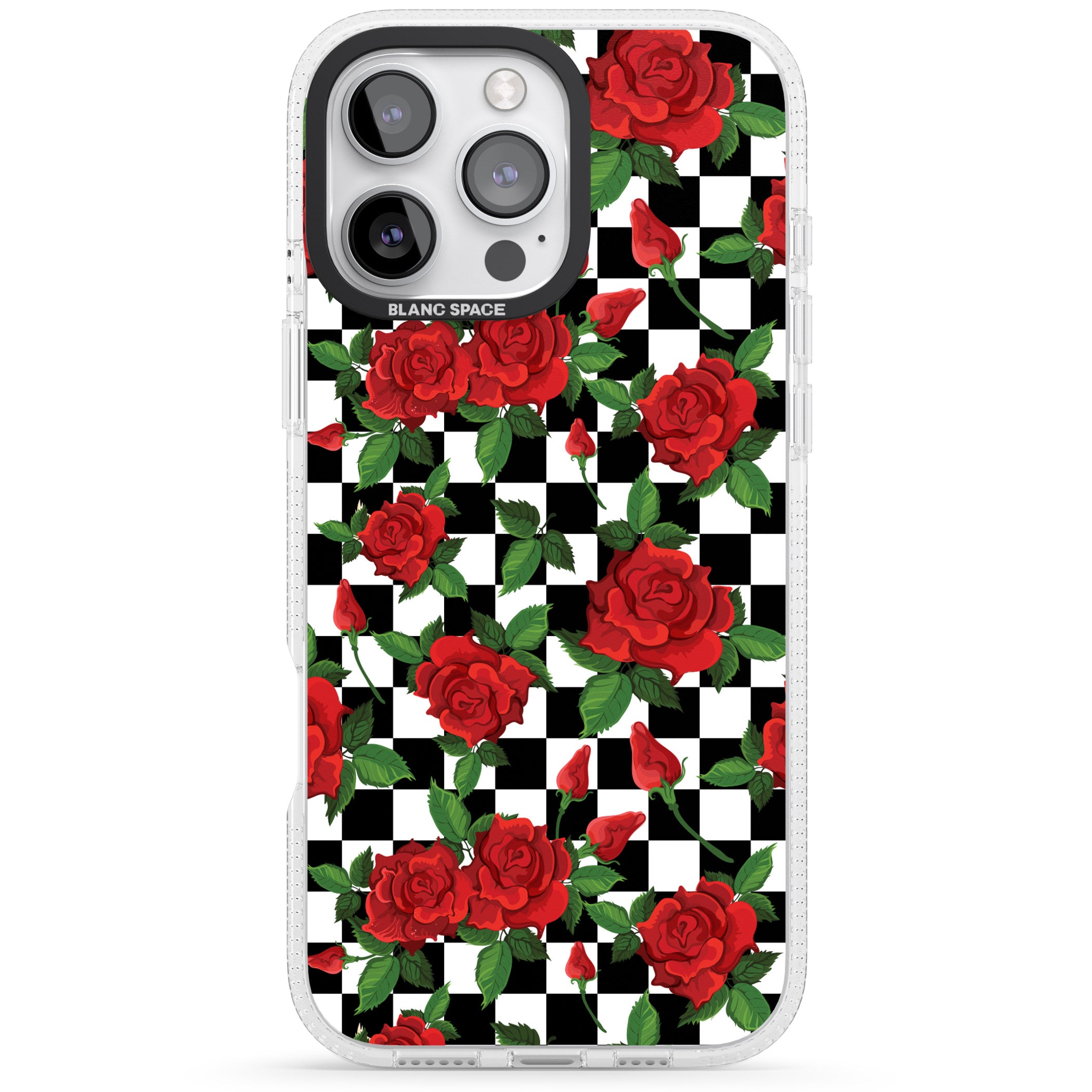 Checkered Pattern & Red Roses iPhone 16 Pro Max / 16 Pro Clear Case Impact Air - Blanc Space