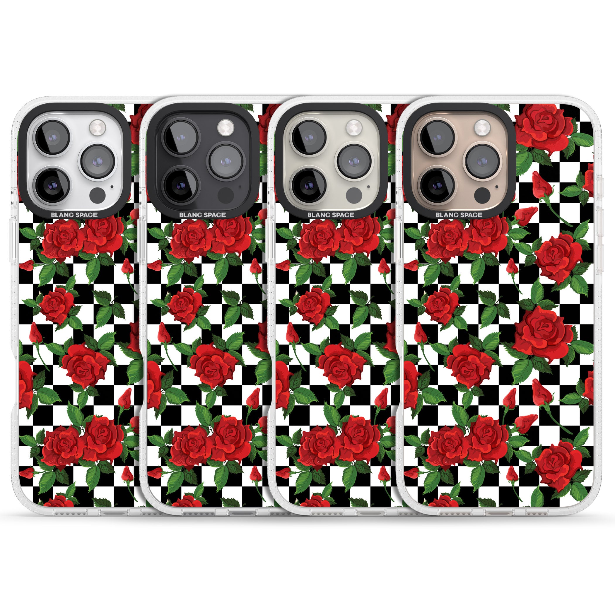Checkered Pattern & Red Roses iPhone 16 Pro Max / 16 Pro Clear Case Impact Air - Blanc Space