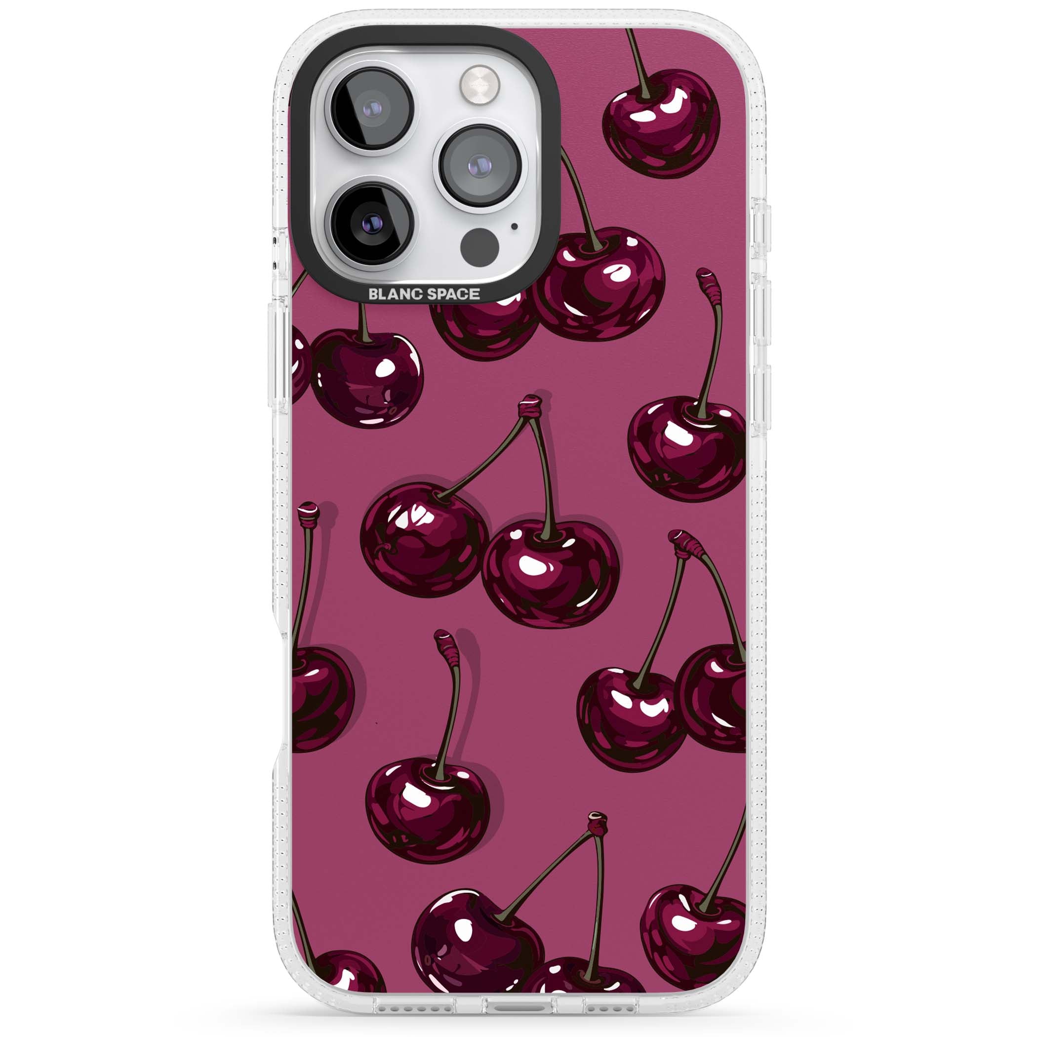 Cherry Soda coquette iPhone case featuring glossy burgundy cherries on a dusty pink background | Clear Case Impact Air case for iPhone 16 Pro, iPhone 16 Pro Max