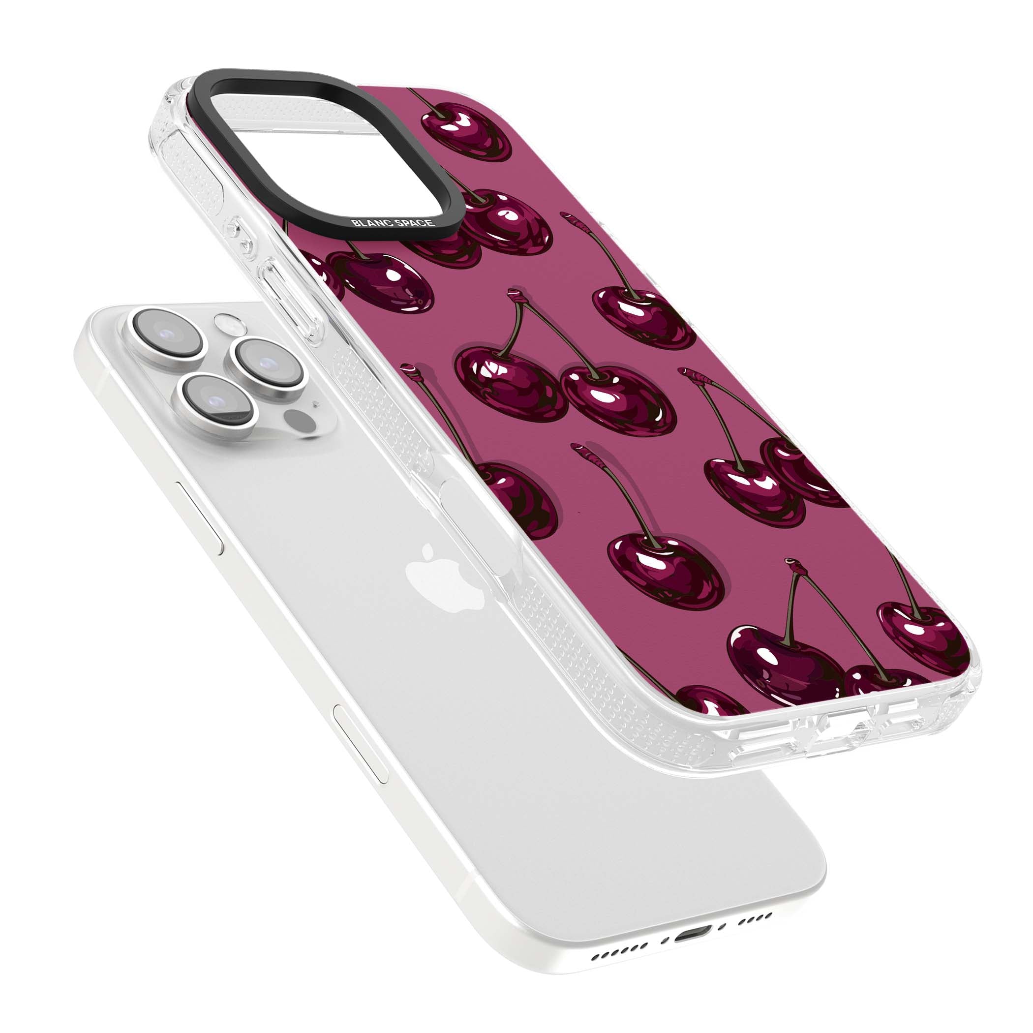 Cherry Soda coquette iPhone case featuring glossy burgundy cherries on a dusty pink background | Clear Case Impact Air case for iPhone 16 Pro, iPhone 16 Pro Max