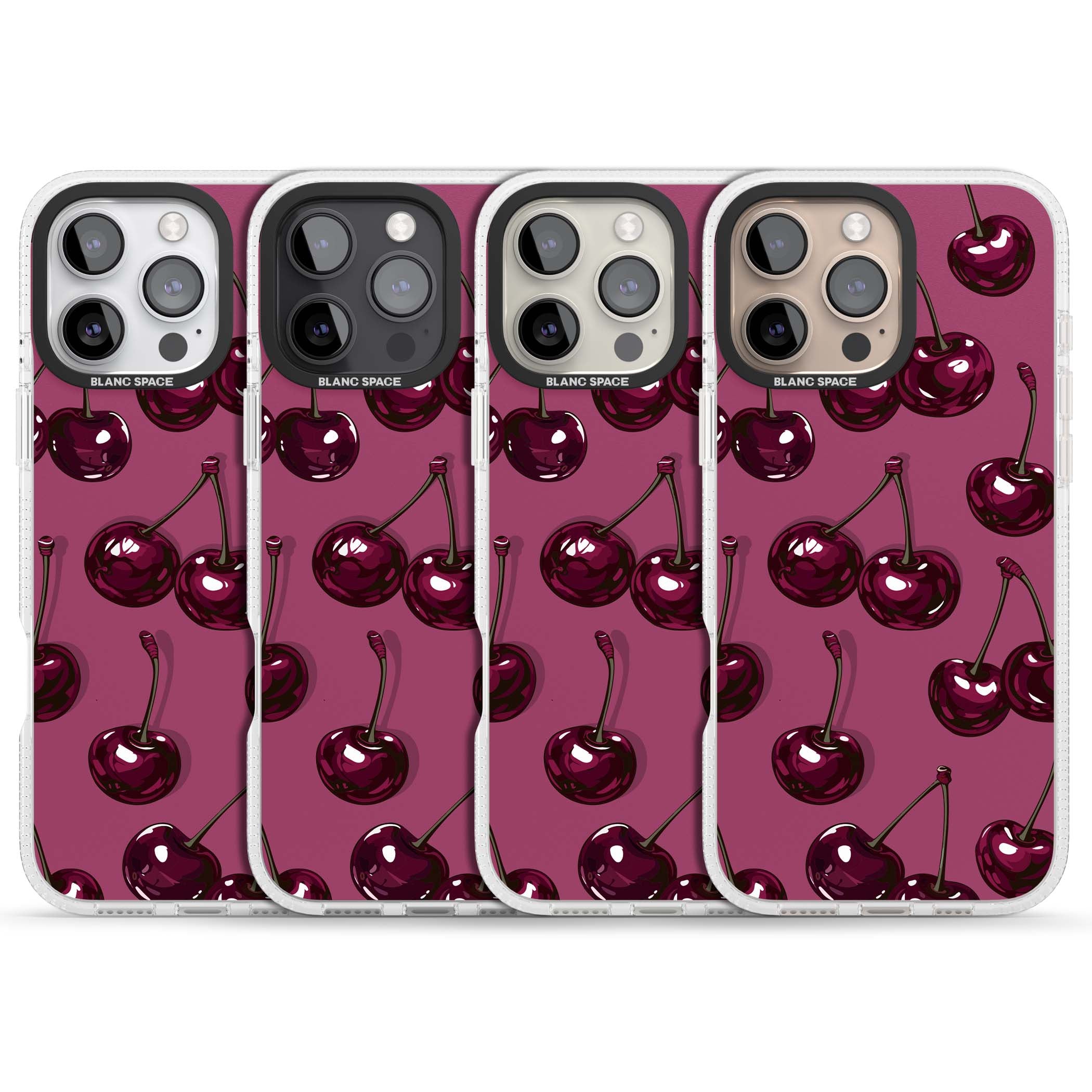 Cherry Soda coquette iPhone case featuring glossy burgundy cherries on a dusty pink background | Clear Case Impact Air case for iPhone 16 Pro, iPhone 16 Pro Max
