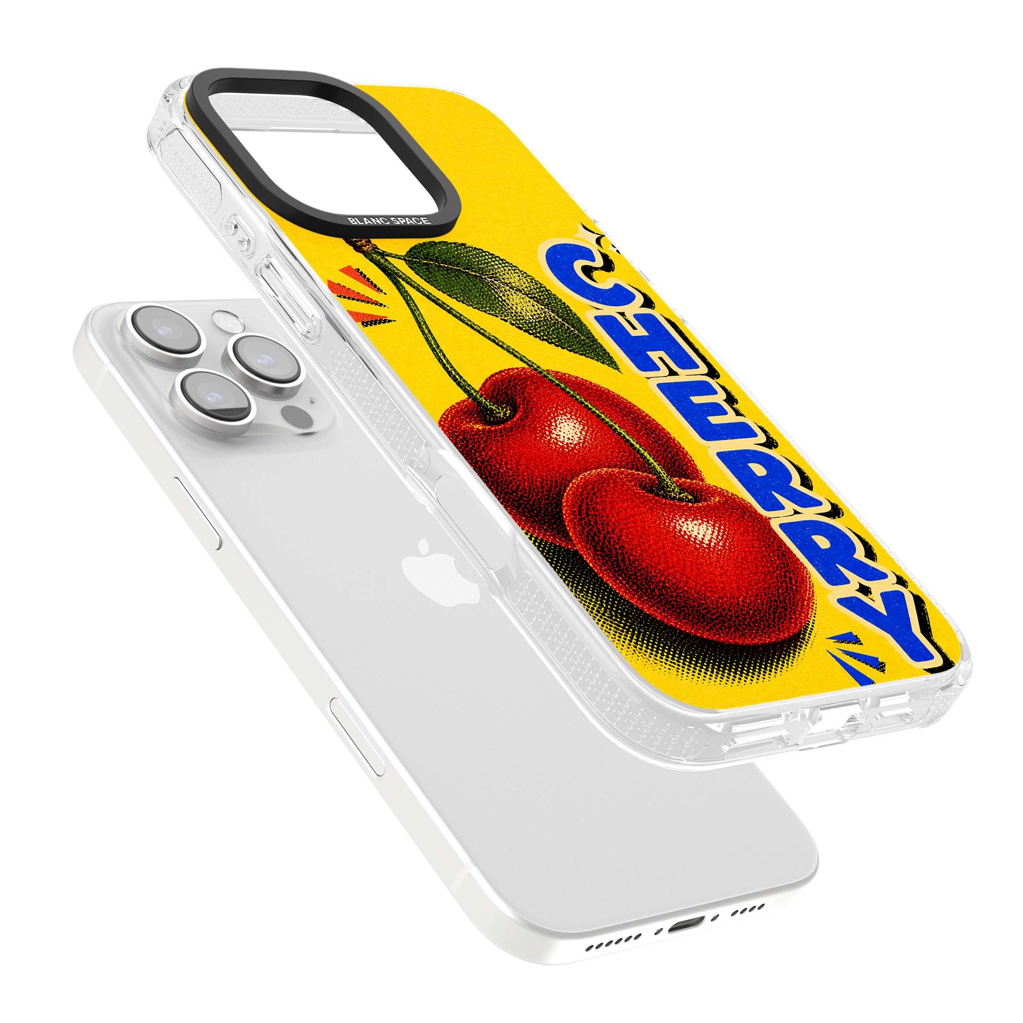 Cherry Yellow y2k iPhone case featuring two red cherries, halftone shading and bold blue CHERRY lettering on yellow | Clear Case Impact Air case for iPhone 16 Pro, iPhone 16 Pro Max
