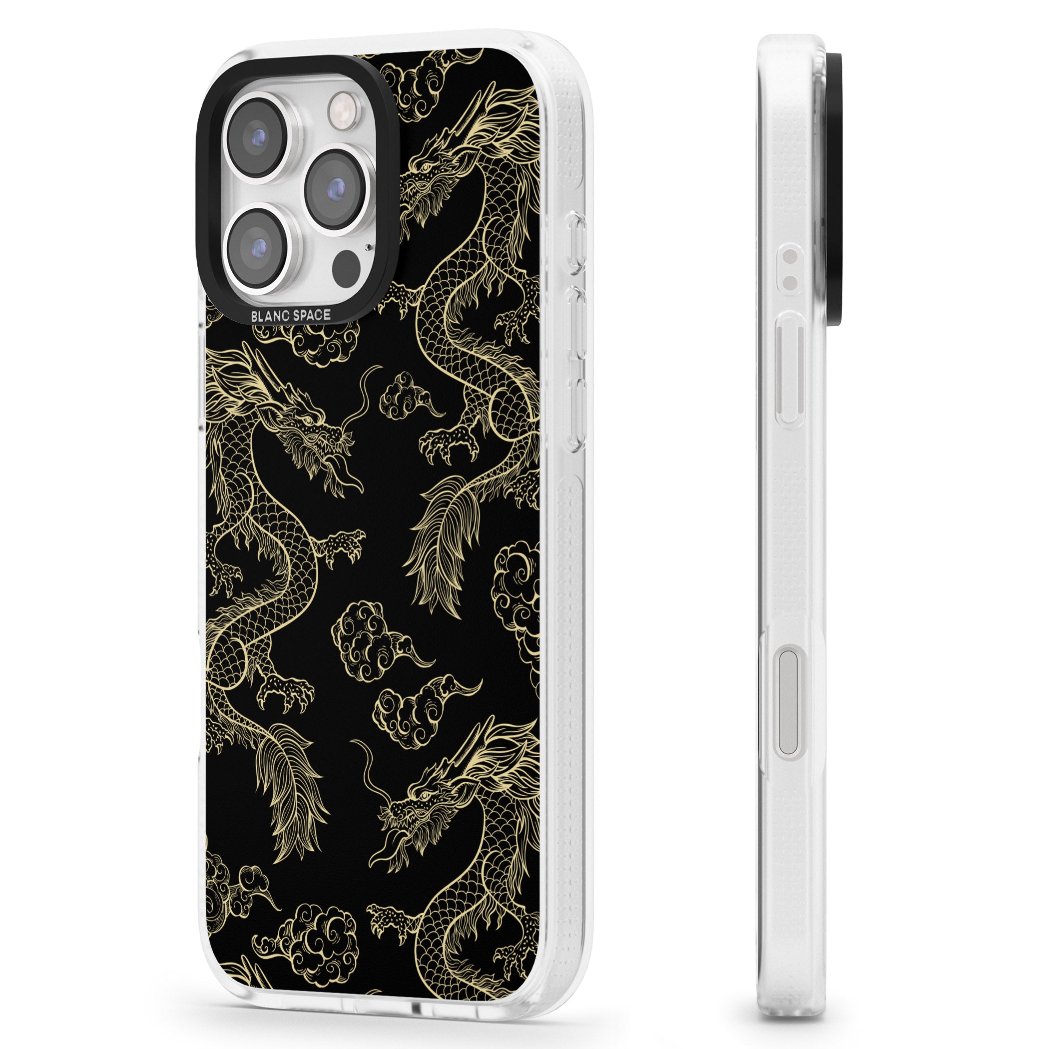 Black and Gold Dragon Pattern iPhone 16 Pro Max / 16 Pro Clear Case Impact Air - Blanc Space