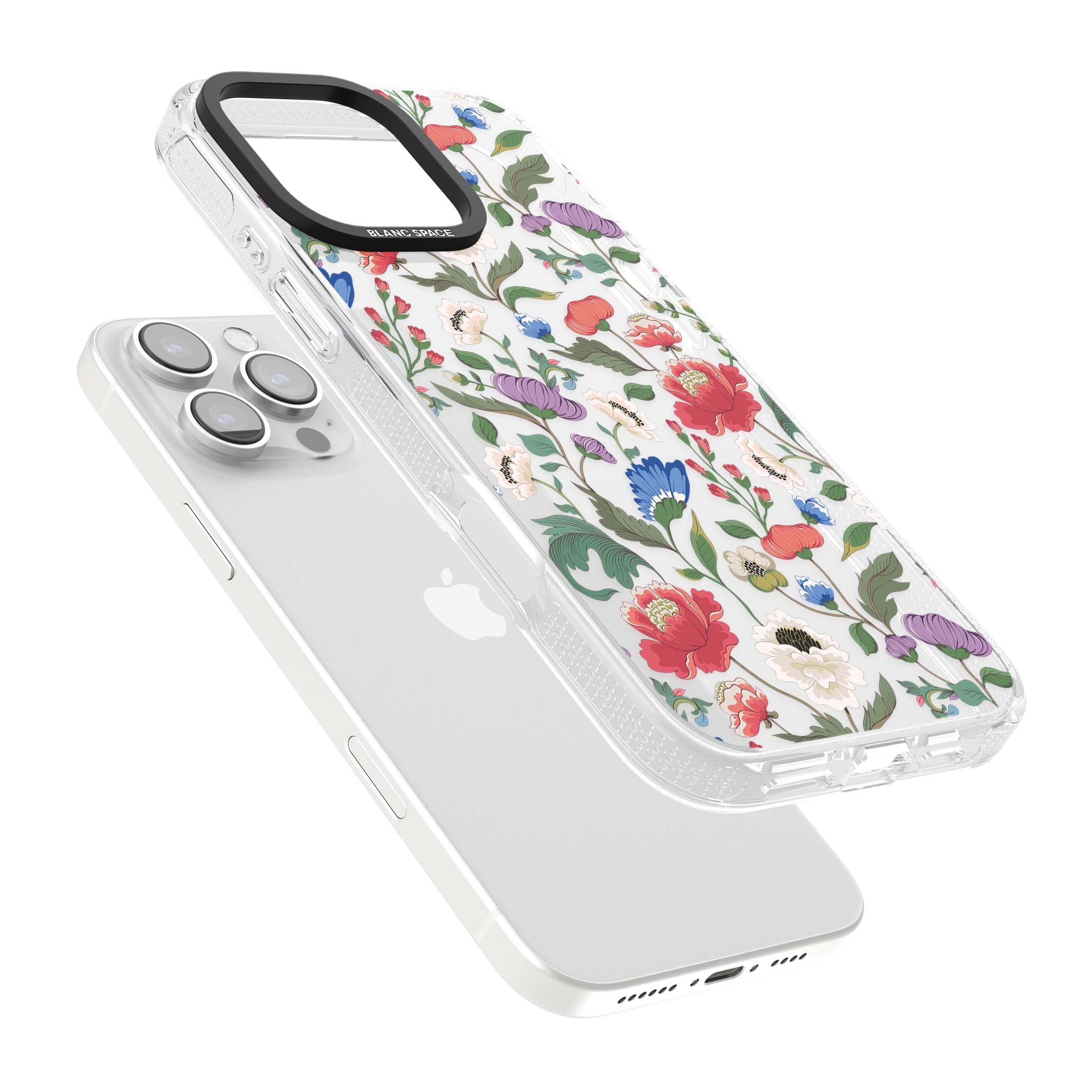 Chinoiserie Bloom vintage floral iPhone case featuring hand-painted peonies, poppies and trailing wildflowers on clear... | Clear Case Impact Air case for iPhone 16 Pro, iPhone 16 Pro Max