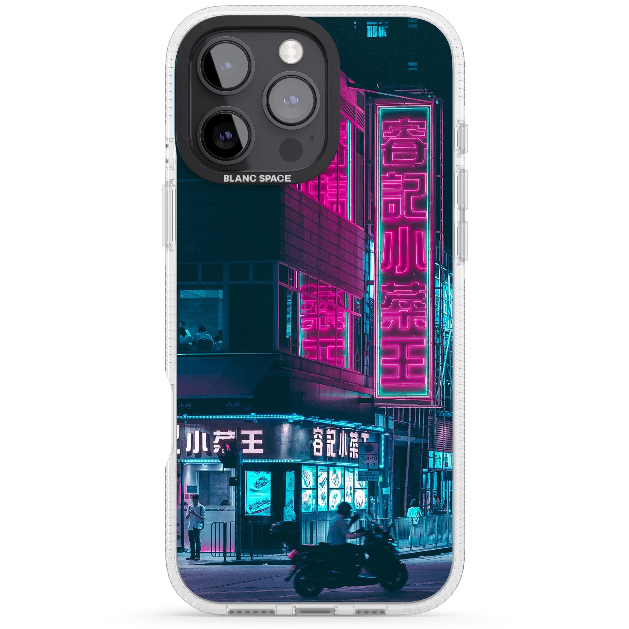Motorcylist & Signs - Neon Cities Photographs iPhone 16 Pro Max / 16 Pro Clear Case Impact Air - Blanc Space