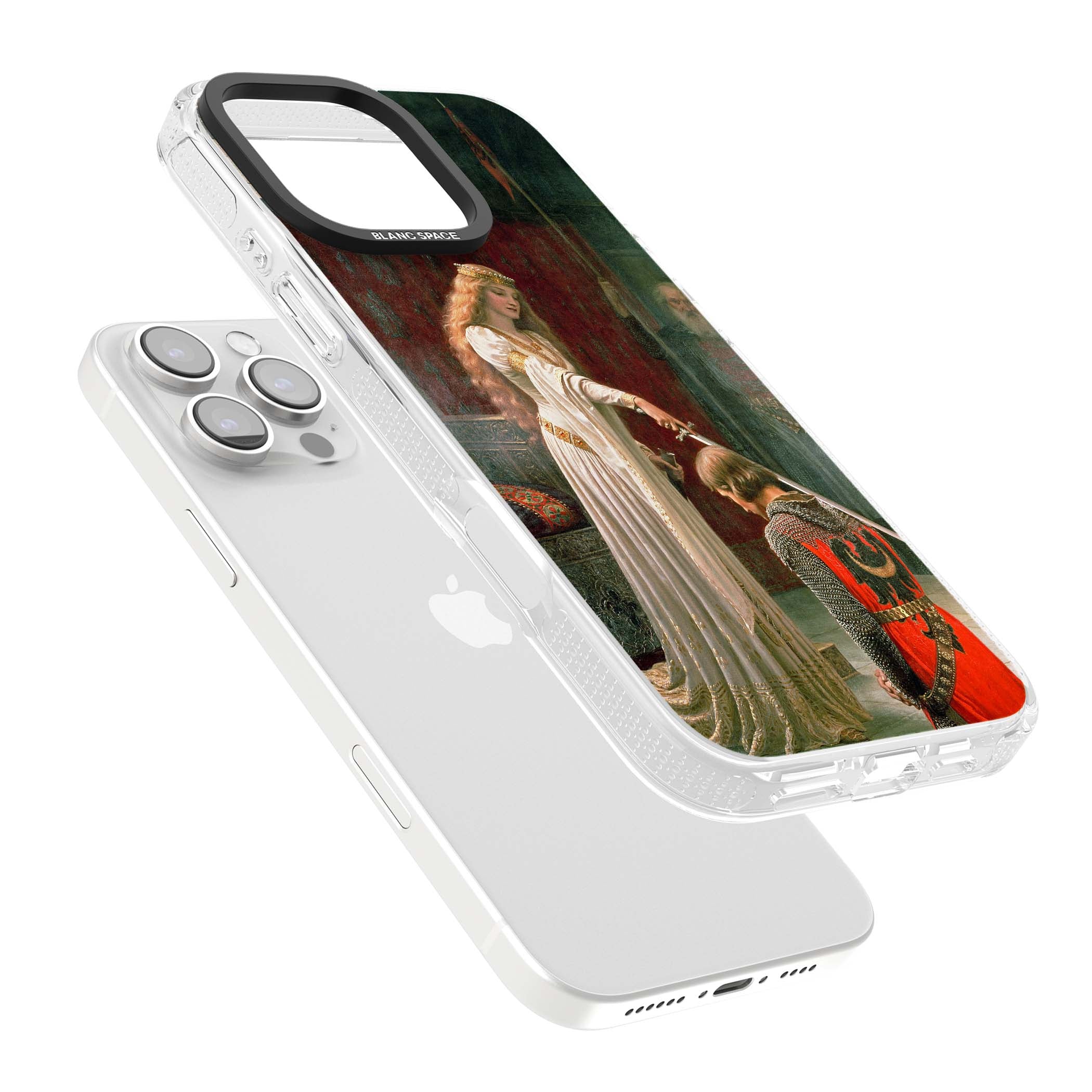 The Accolade renaissance art iPhone case featuring Edmund Blair Leighton's painting of a queen knighting a kneeling knight | Clear Case Impact Air case for iPhone 16 Pro, iPhone 16 Pro Max