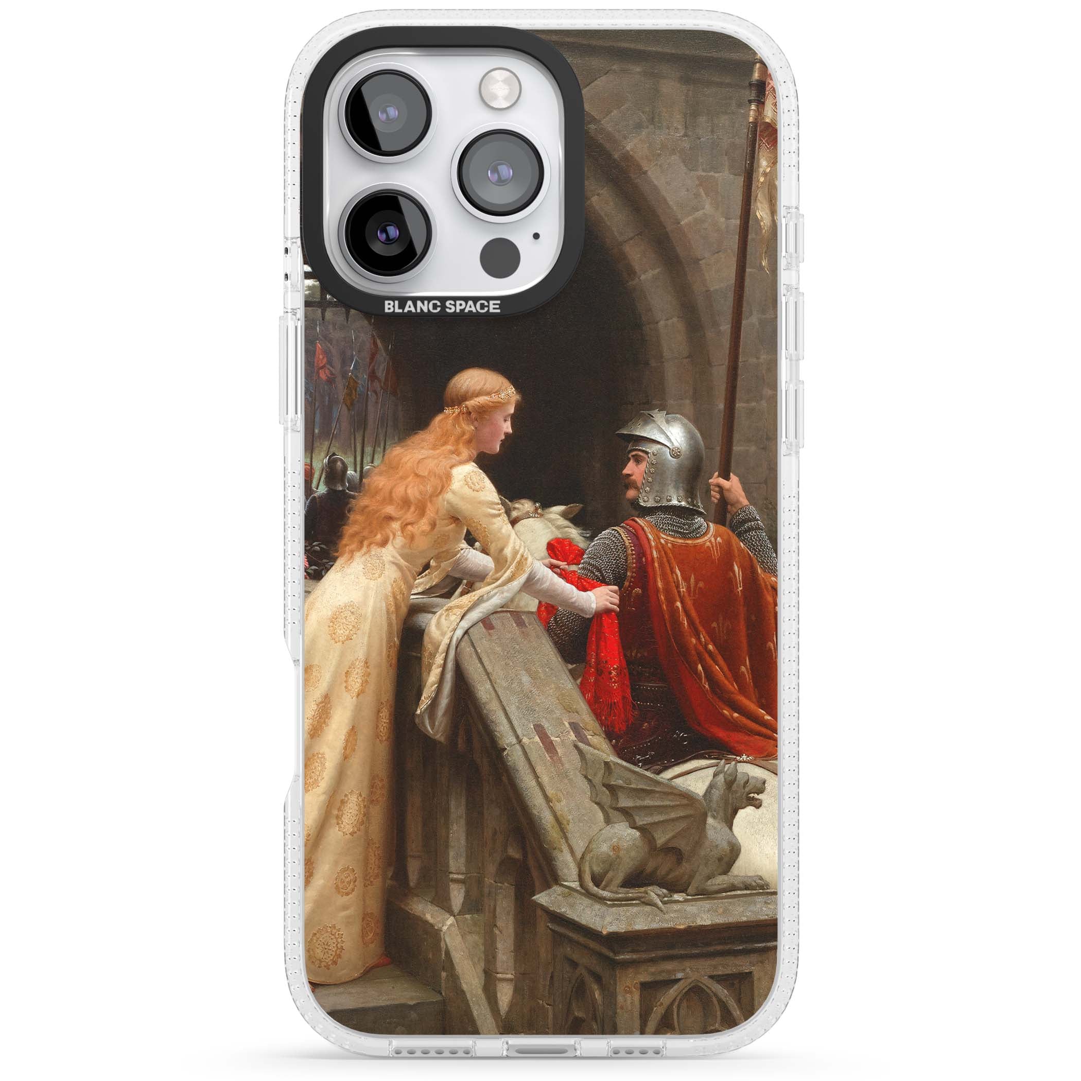 God Speed fine art iPhone case featuring Edmund Blair Leighton's medieval knight and lady beneath a stone archway | Clear Case Impact Air case for iPhone 16 Pro, iPhone 16 Pro Max