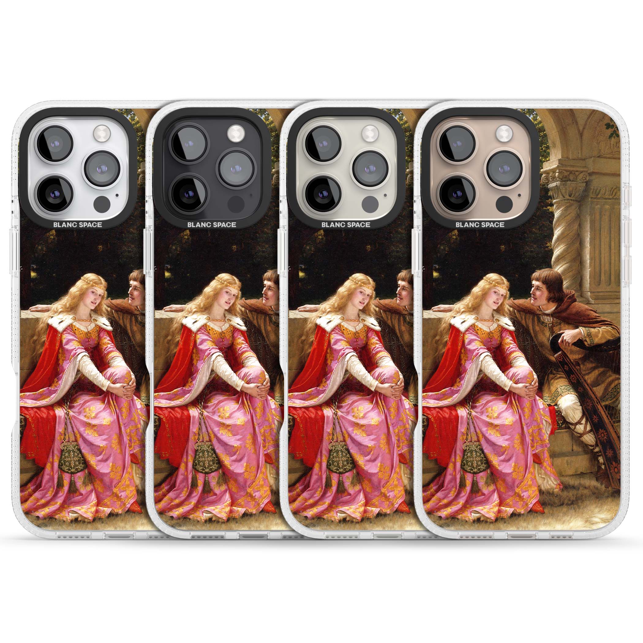 The End of the Song classic art iPhone case featuring a medieval lady in pink gown and her knight in a stone archway | Clear Case Impact Air case for iPhone 16 Pro, iPhone 16 Pro Max
