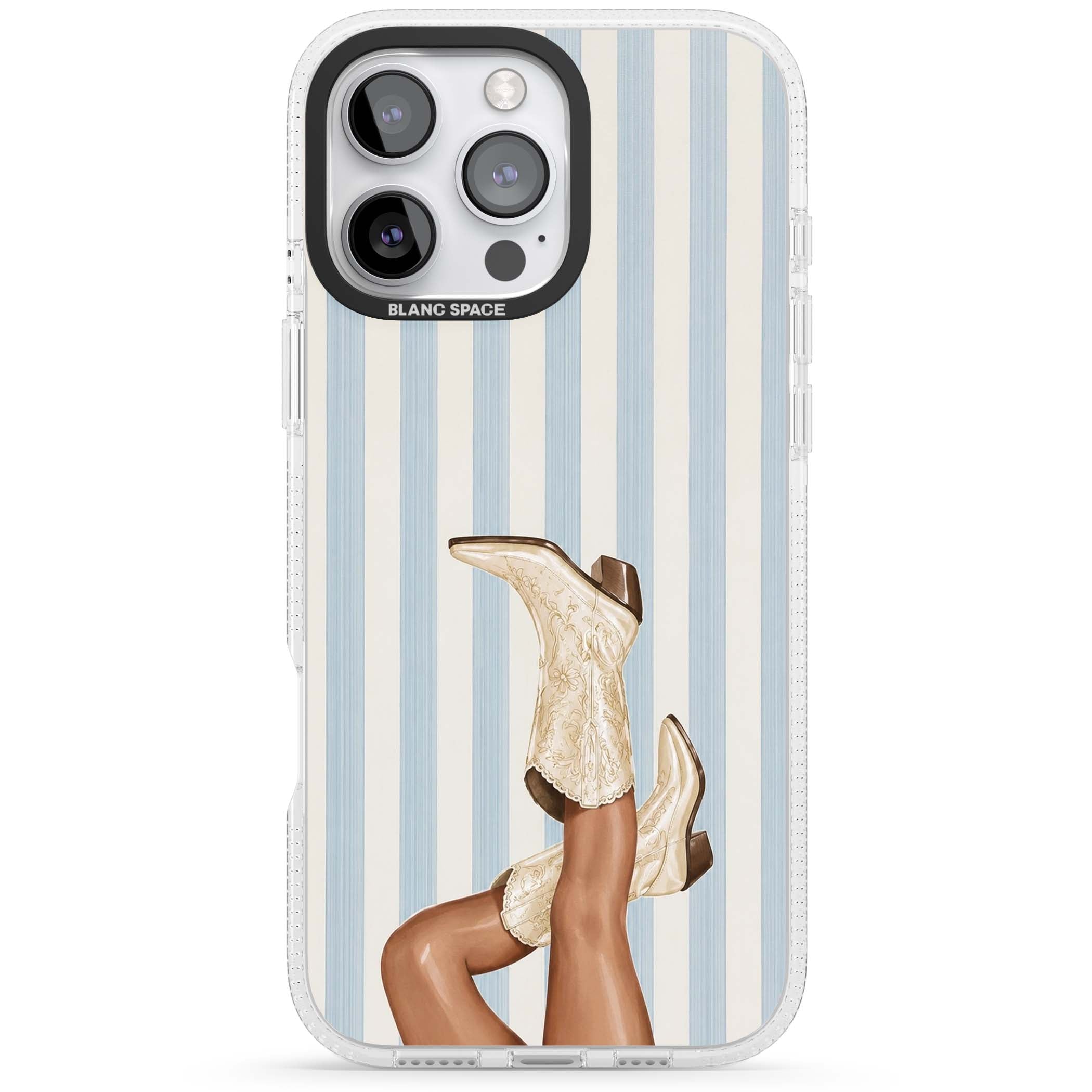Cowgirl Boots coastal cowgirl iPhone case featuring embroidered western boots, tanned legs and a blue stripe backdrop | Clear Case Impact Air case for iPhone 16 Pro, iPhone 16 Pro Max