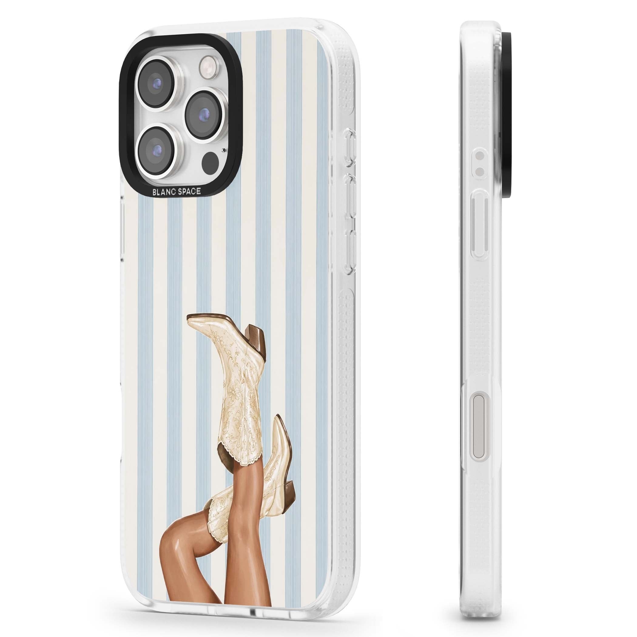 Cowgirl Boots coastal cowgirl iPhone case featuring embroidered western boots, tanned legs and a blue stripe backdrop | Clear Case Impact Air case for iPhone 16 Pro, iPhone 16 Pro Max