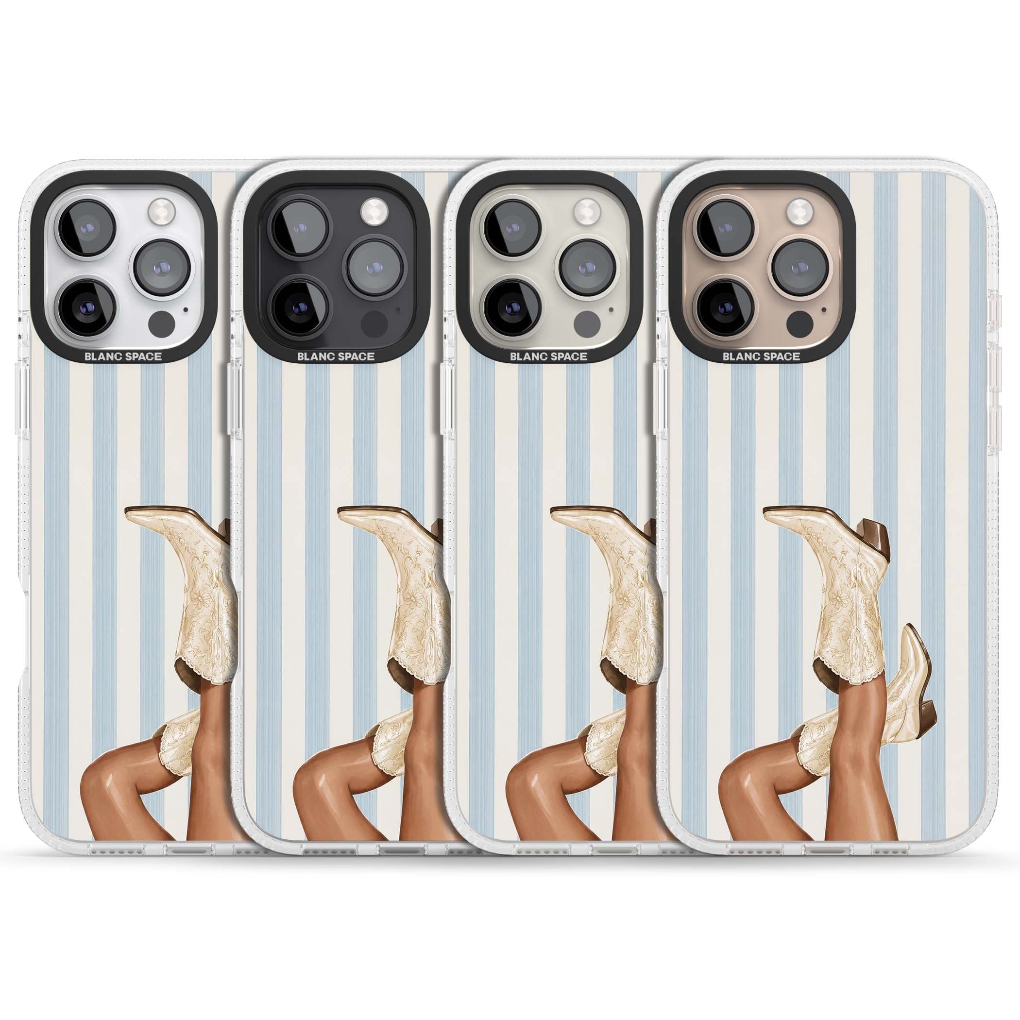 Cowgirl Boots coastal cowgirl iPhone case featuring embroidered western boots, tanned legs and a blue stripe backdrop | Clear Case Impact Air case for iPhone 16 Pro, iPhone 16 Pro Max